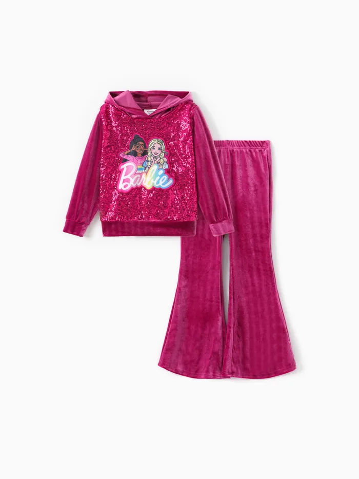 Barbie Niño Pequeño / Niña 2pcs Personaje Bordado Lentejuelas Terciopelo Con Capucha Top Y Conjunto De Pantalones Acampanados  
