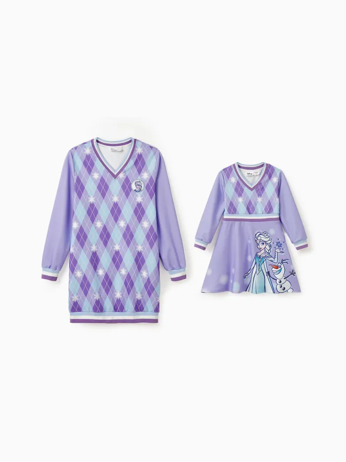 Disney Frozen Mommy And Me 1pc Elsa & Olaf Snowflake Rhombus Pattern Long-sleeve Dress 