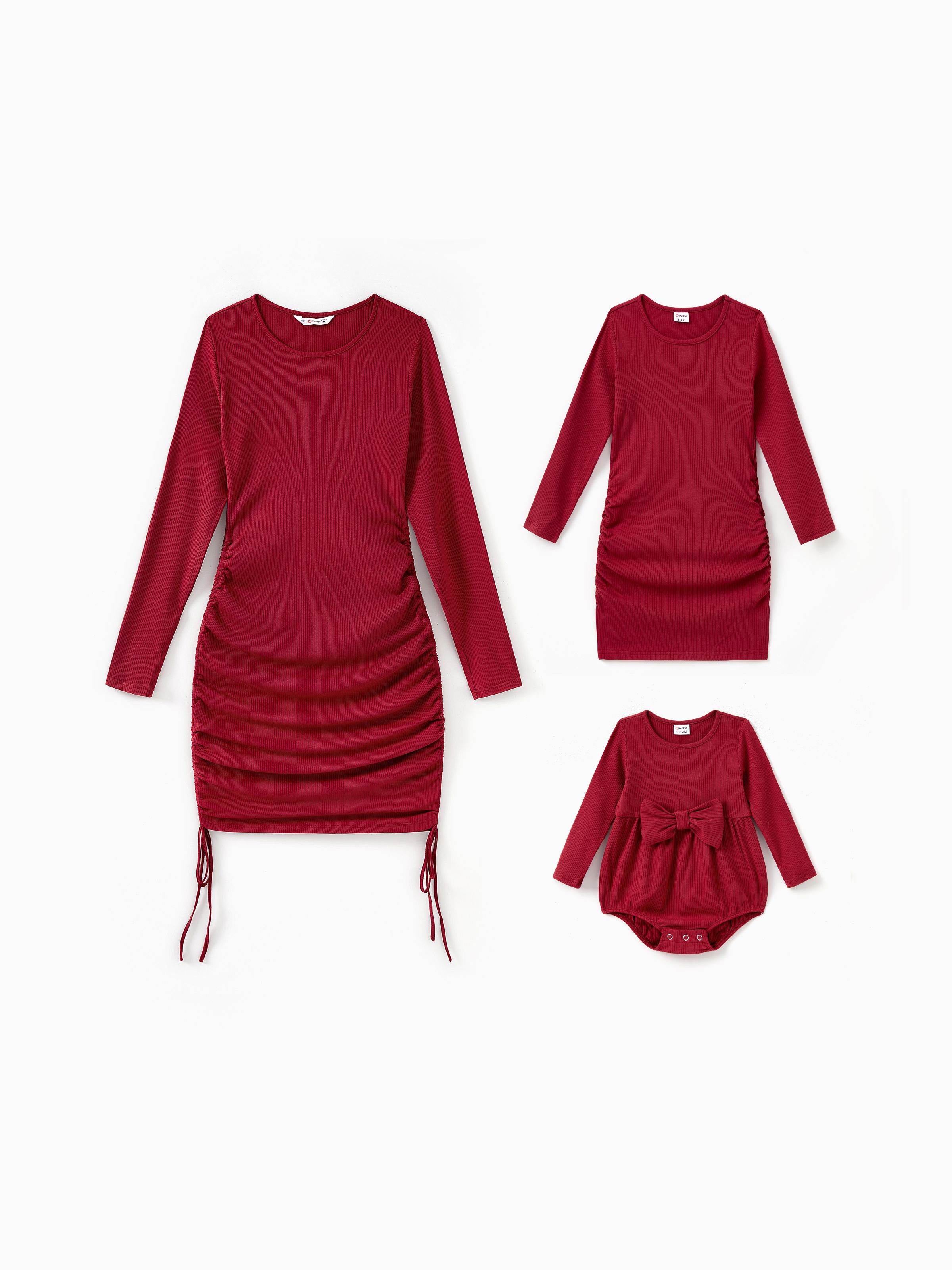 Wine Red Mommy and Me Dresses Ribbed Long Sleeves Ruched Drawstring Side