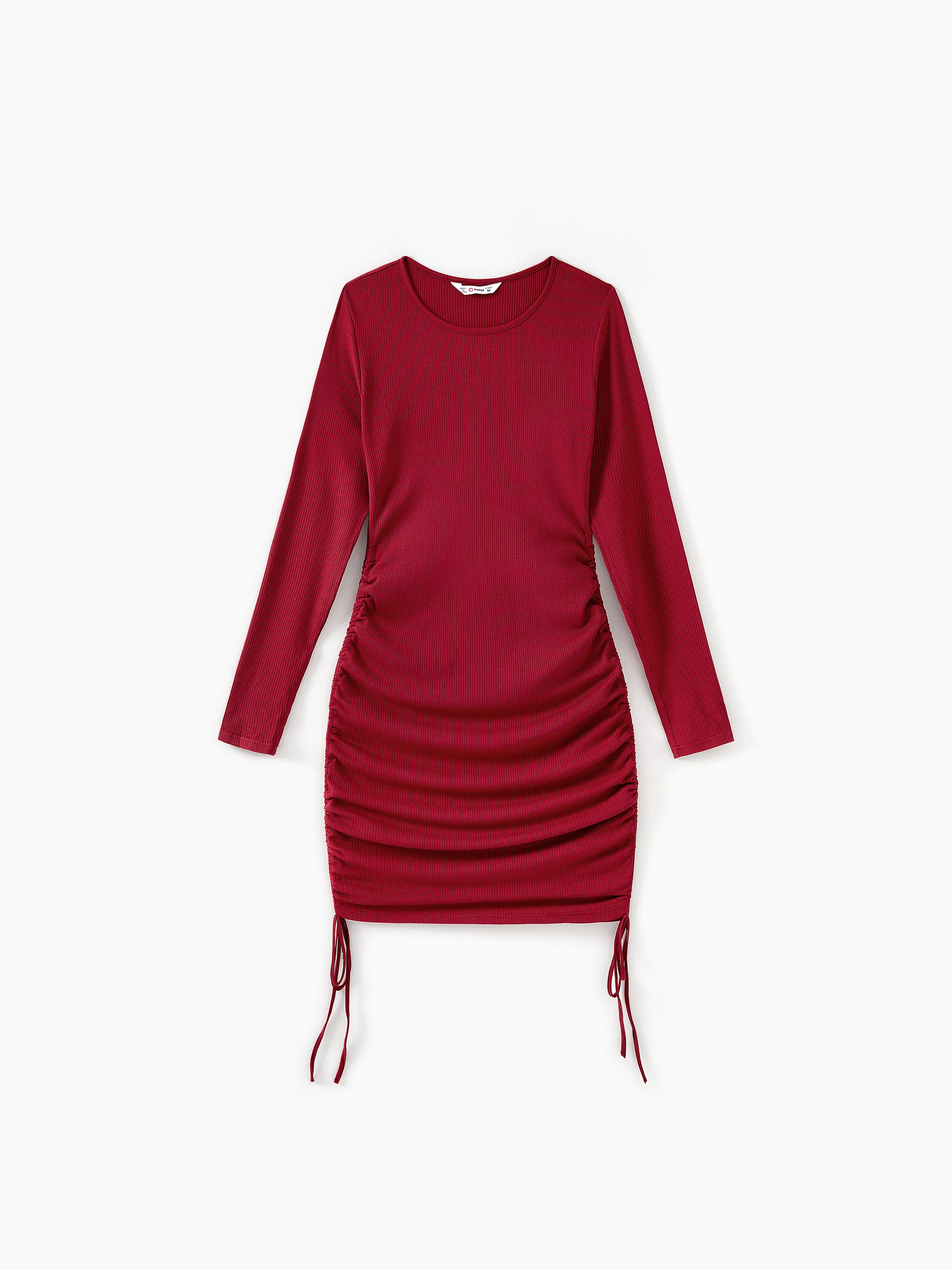 

Wine Red Mommy and Me Dresses Ribbed Long Sleeves Ruched Drawstring Side