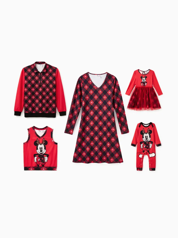 Disney Mickey and Friends Family matching 1pc Christmas Micky Mouse Plaid Zipper Lapel Collar Sweatshirt/Vest/Dress/Naia™ Jumpsuit 