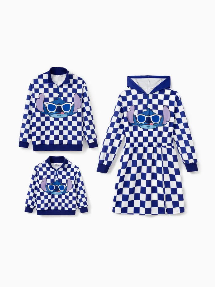 Disney Stitch Family matching 1pc Checkered Plaid Zipper Lapel Collar Sweatshirt/Hooded Dress  