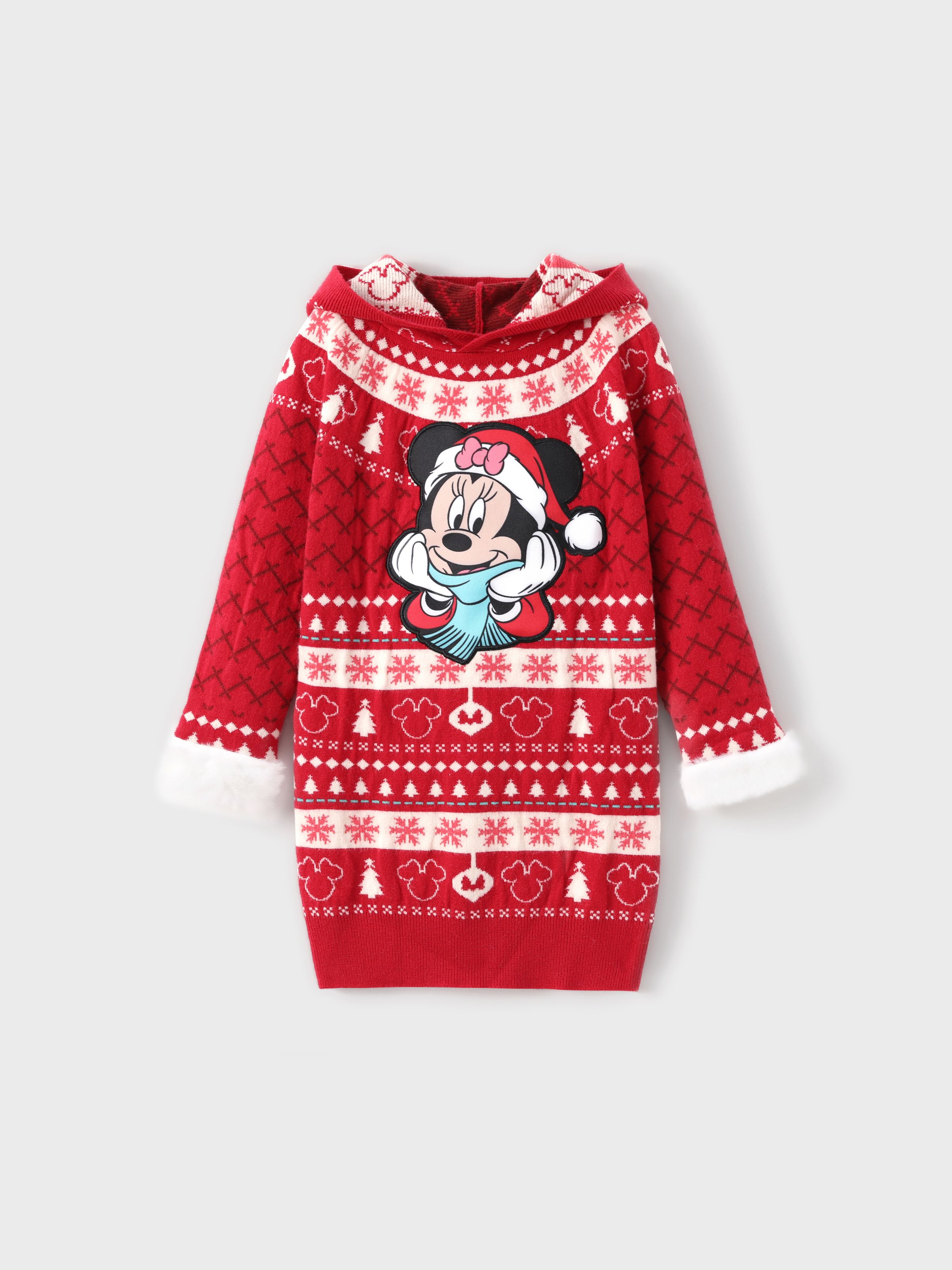 

Disney Mickey and Friends Toddler GIrl 1pc Christmas Pattern Minnie Mouse Plush Edge Sleeves Hooded Knitted Dress