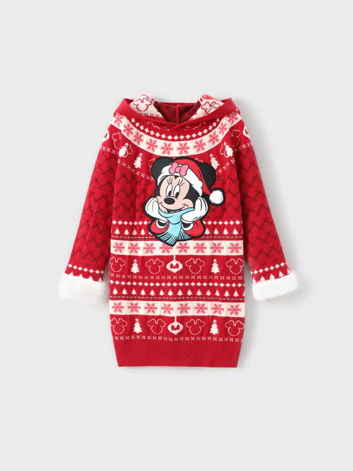 Disney Mickey and Friends Toddler GIrl 1pc Christmas Pattern Minnie Mouse Plush Edge Sleeves Hooded Knitted Dress 