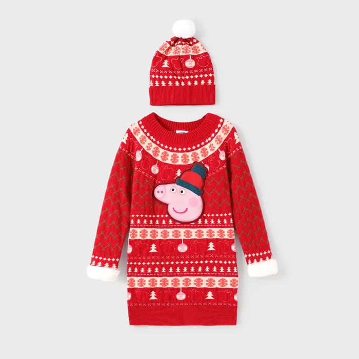 Peppa Pig Toddlers Niña 2pcs Vestido de punto con patrón navideño con juego de sombrero 