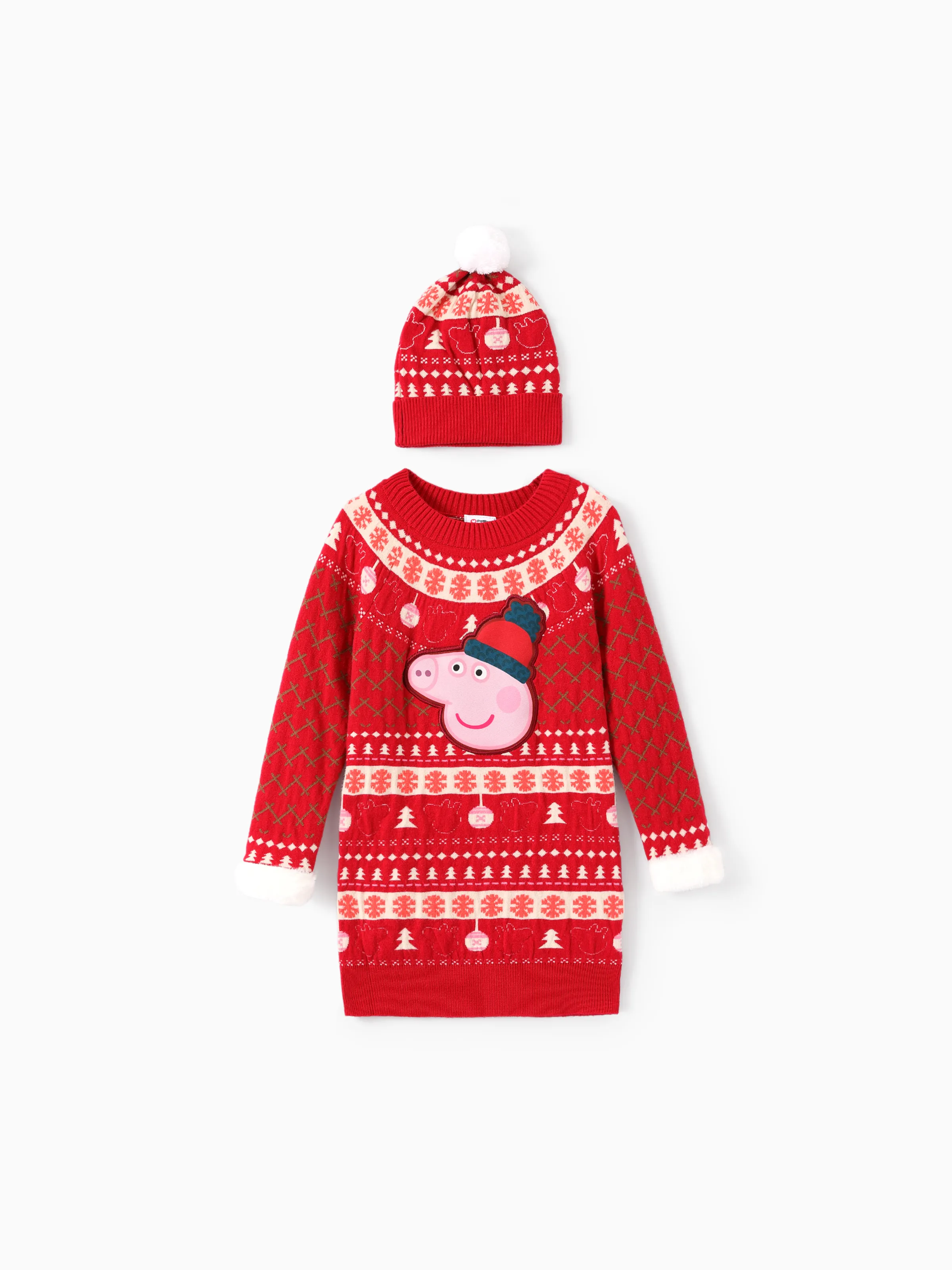 

Peppa Pig Toddlers Girl 2pcs Christmas Pattern Knitted Dress With Hat Set