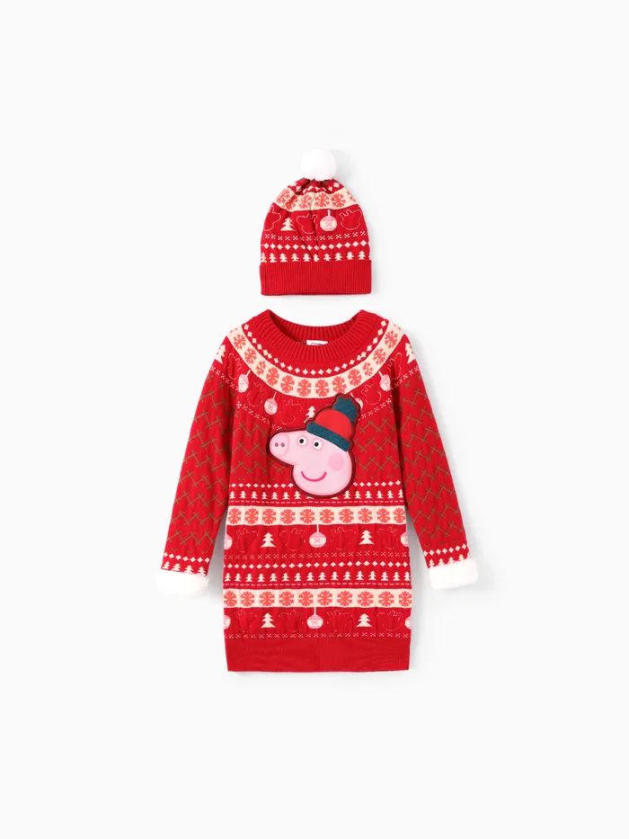 Peppa Pig Toddlers Girl 2pcs Christmas Pattern Knitted Dress With Hat Set 