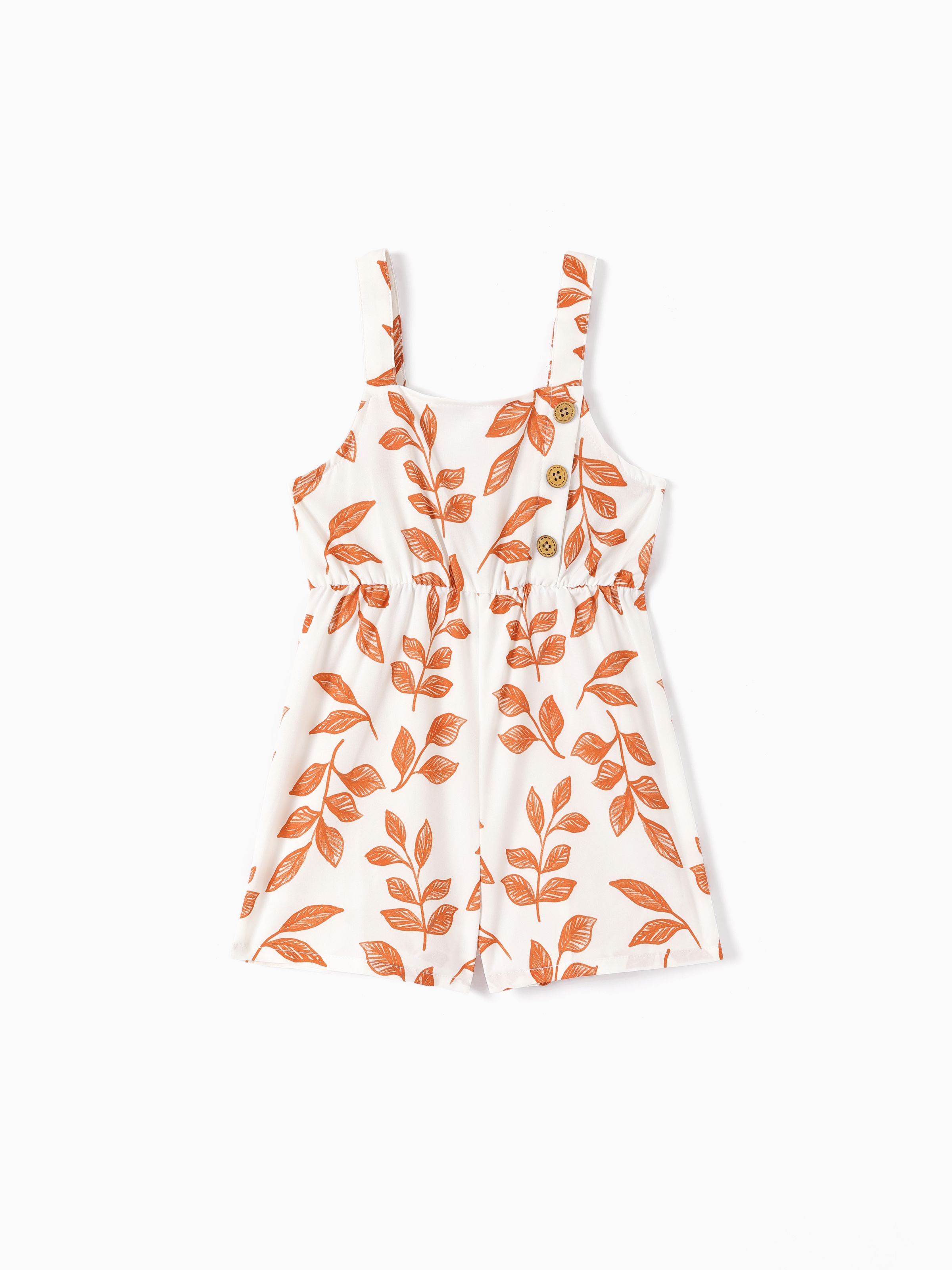 

Toddler Girl Leaf Print Button Design Strap Romper