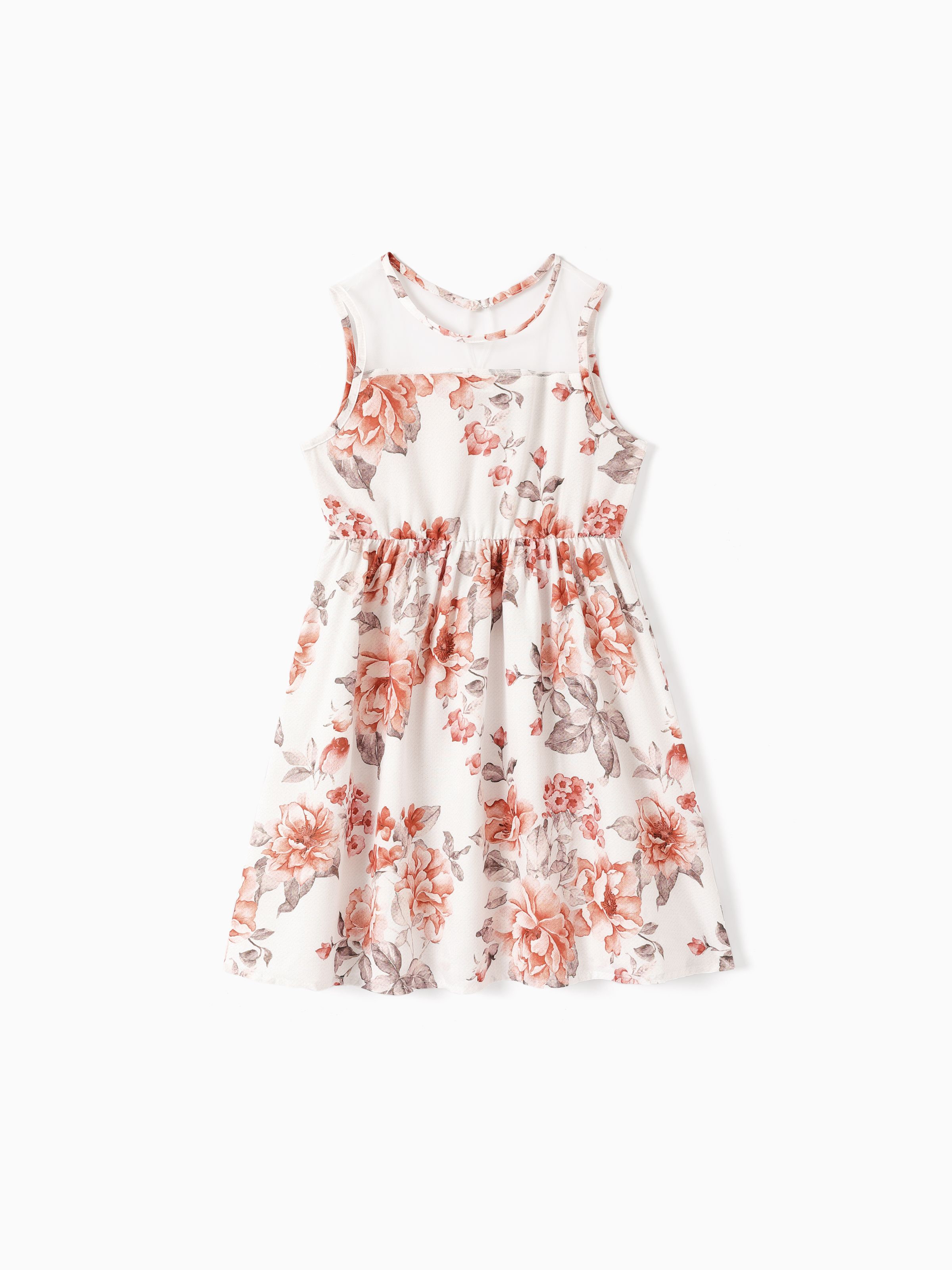 

Kid Girl Floral Print Mesh Design Sleeveless Dress