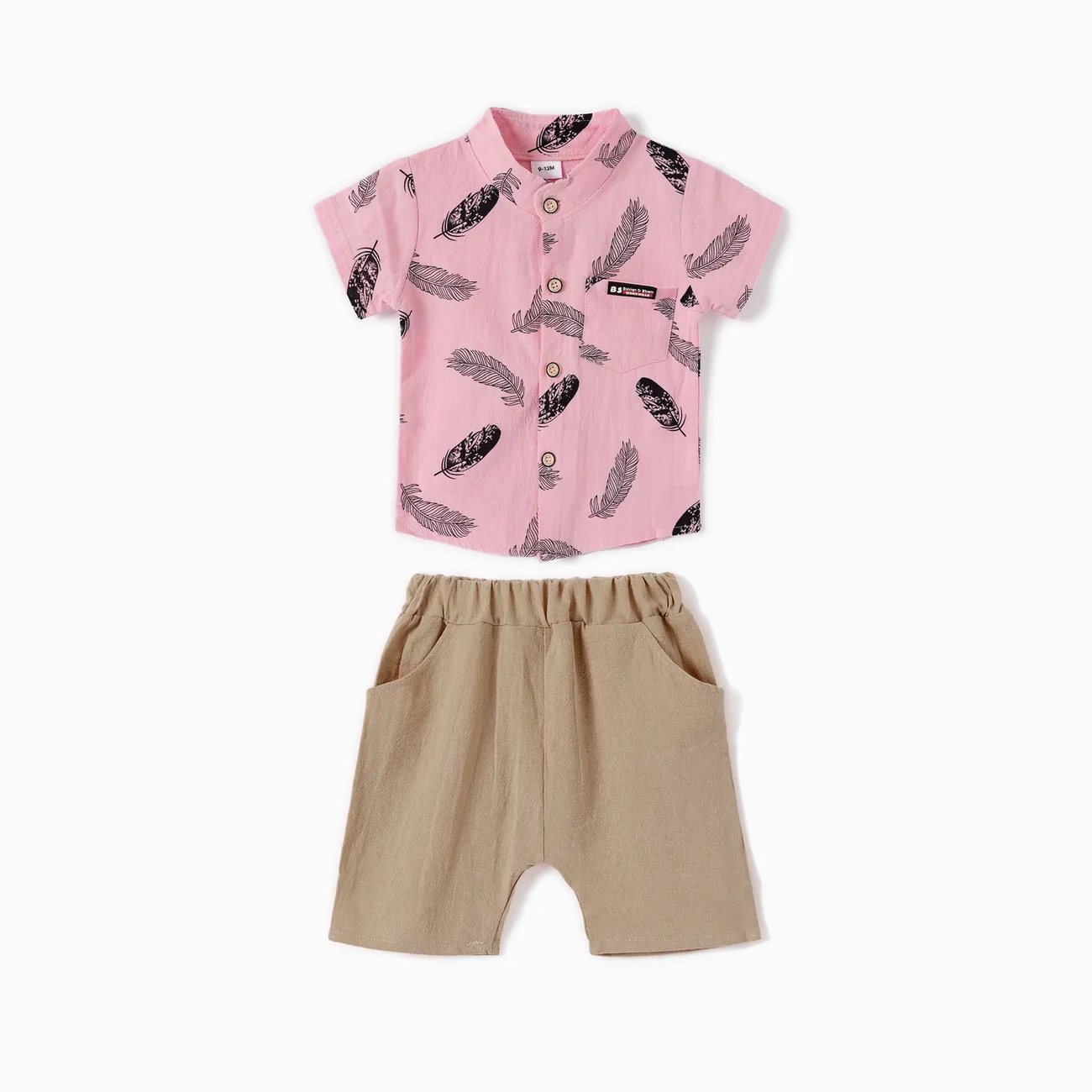 2pcs Baby Boy 100% Cotton Short-sleeve All Over Feather Print Button Up Shirt and Solid Shorts Set