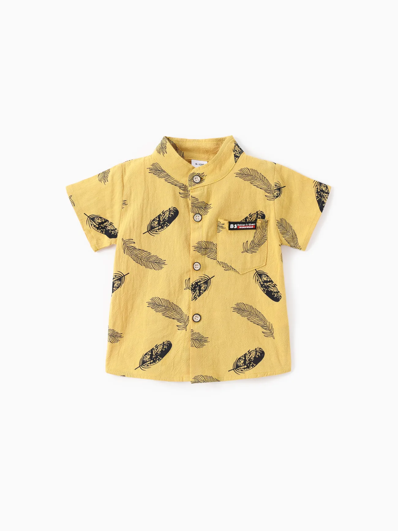 Yellow - 2pcs Baby Boy 100% Cotton Short-sleeve All Over Feather Print Button Up Shirt and Solid Shorts Set - image 2
