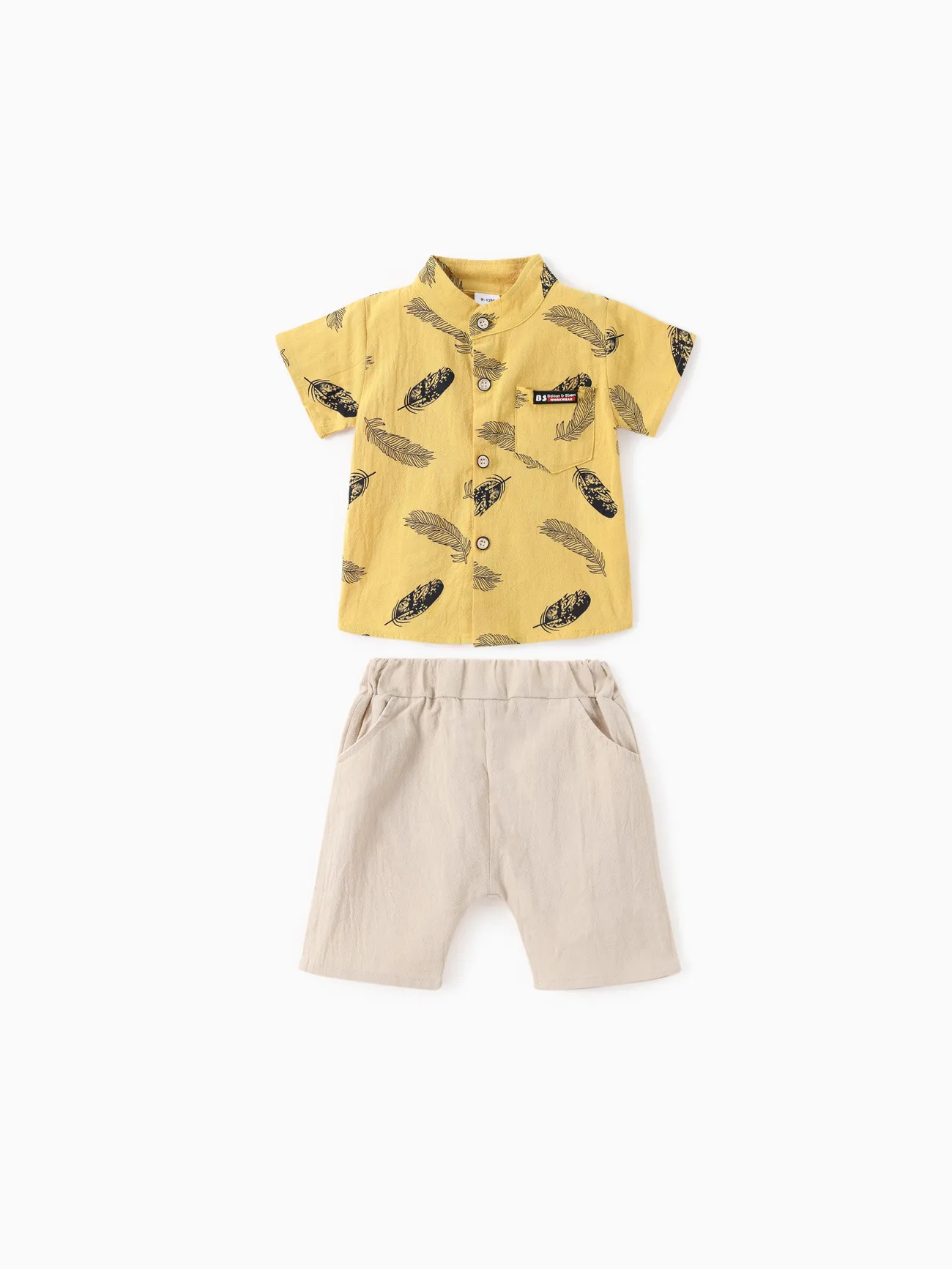 Yellow - 2pcs Baby Boy 100% Cotton Short-sleeve All Over Feather Print Button Up Shirt and Solid Shorts Set - image 1