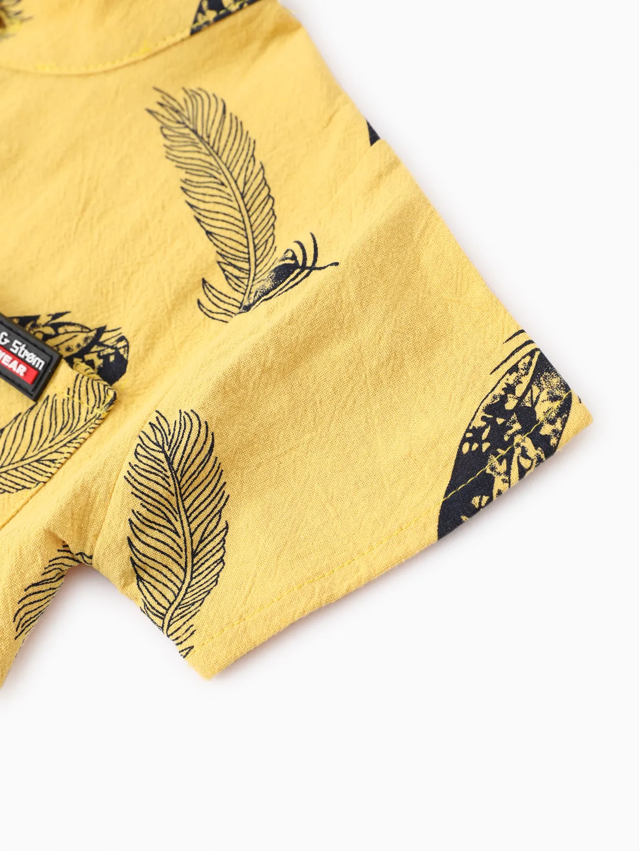 Yellow - 2pcs Baby Boy 100% Cotton Short-sleeve All Over Feather Print Button Up Shirt and Solid Shorts Set - image 6