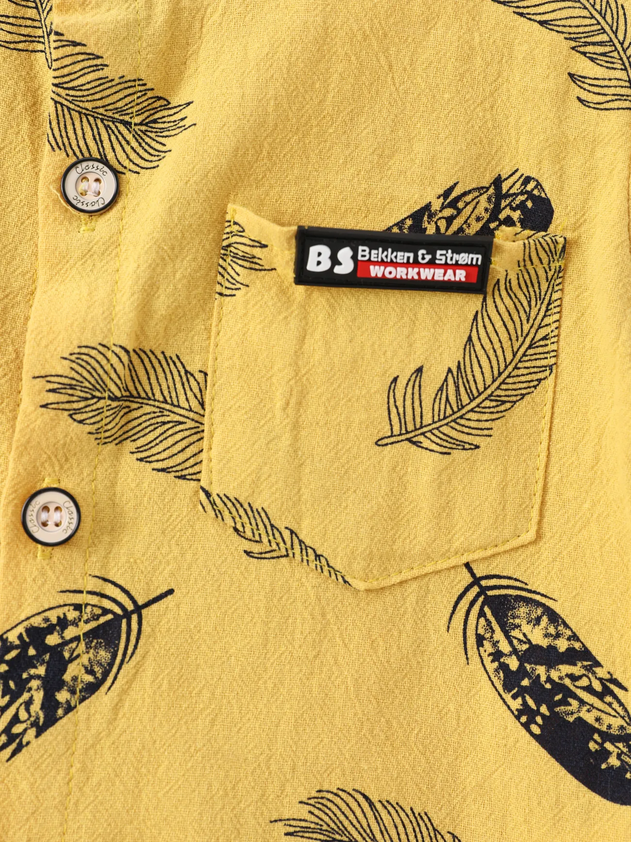 Yellow - 2pcs Baby Boy 100% Cotton Short-sleeve All Over Feather Print Button Up Shirt and Solid Shorts Set - image 5