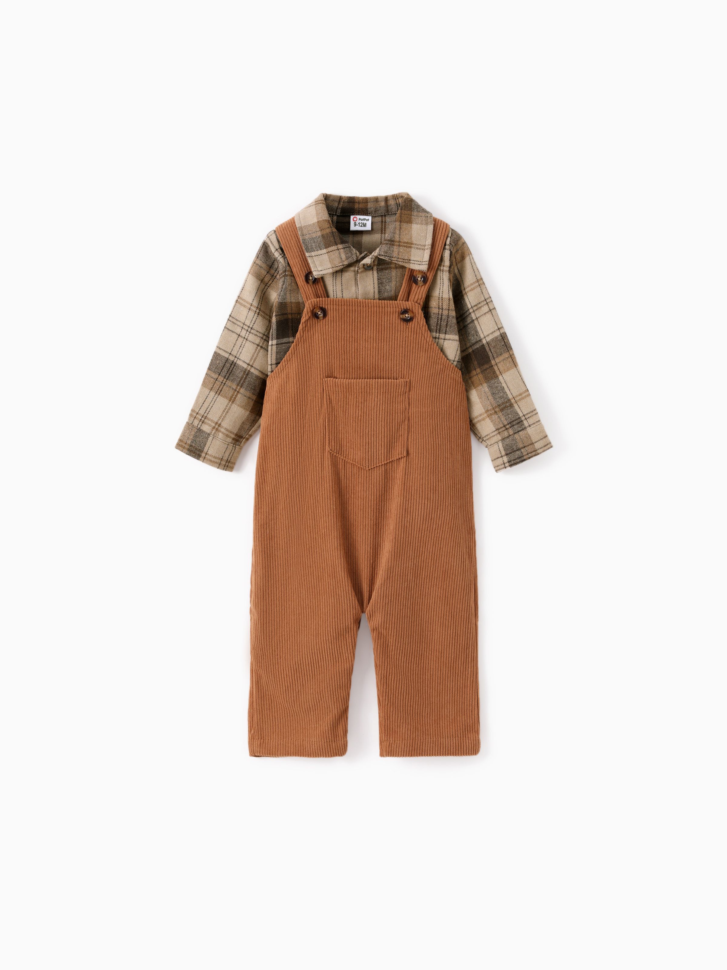 

2pcs Baby Boy Buttons Front Plaid Long-sleeve Shirt and Pocket Ribbed Solid Overalls Set