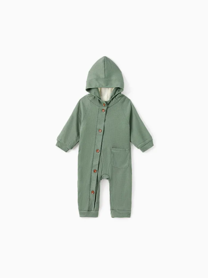 Baby 95% Cotton Long-sleeve Thickened Fleece Lined Hooded Waffle Jumpsuit