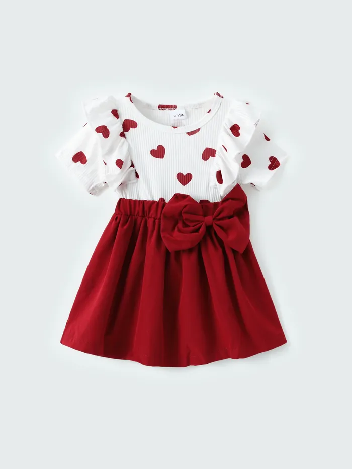 

2pcs Baby Girl Heart Print Ruffled Faux-two Bowknot Dress & Headband Set