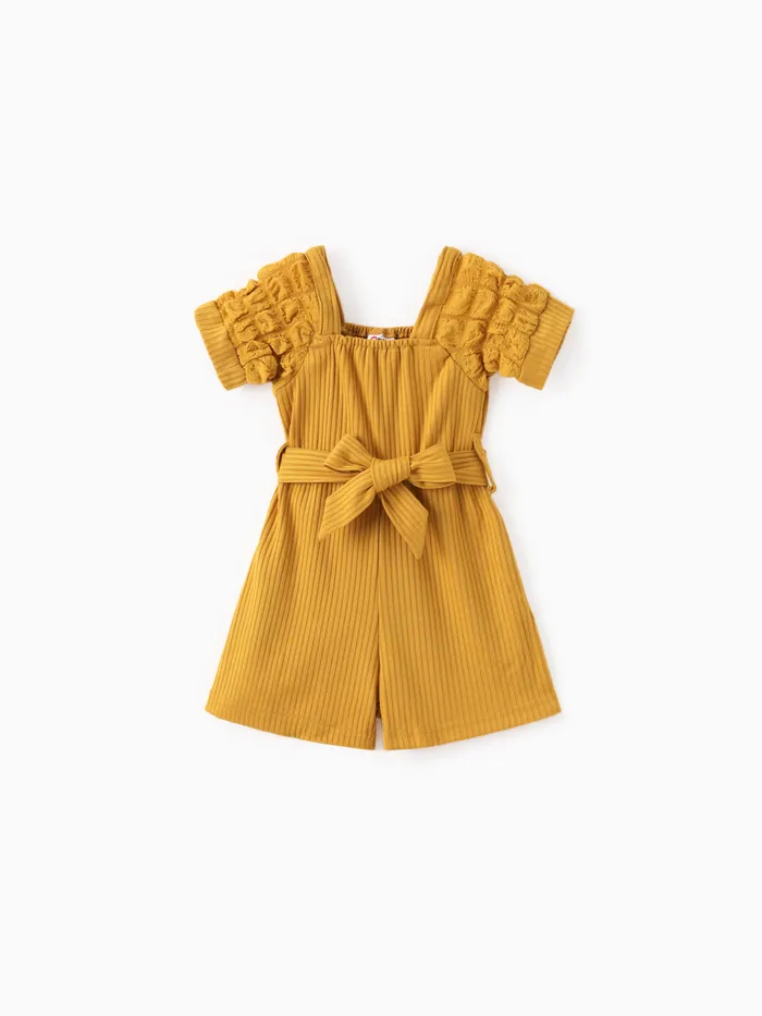 Baby Girl Puff-sleeve Solid Color Jumpsuit