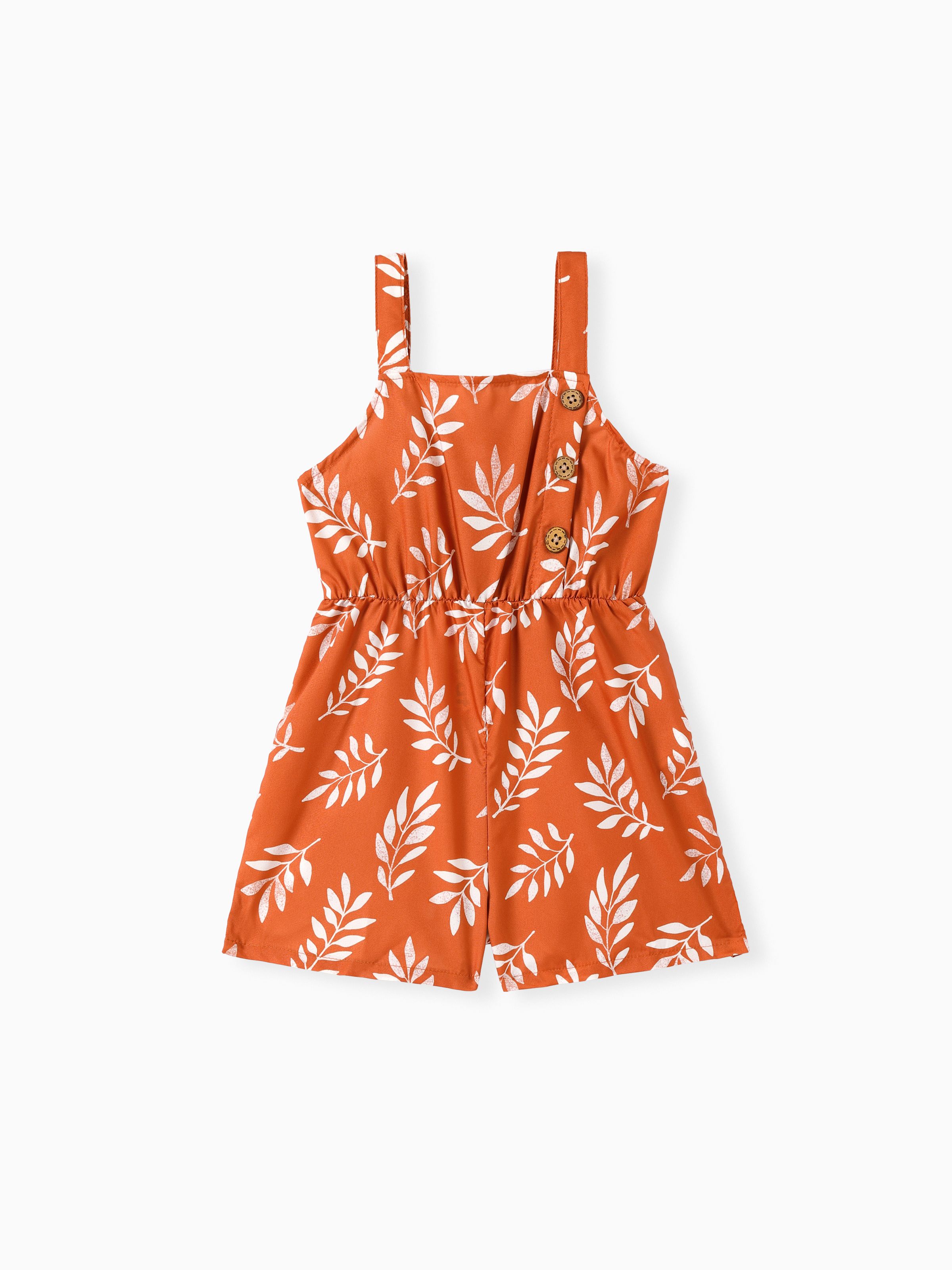 

Toddler Girl Leaf Print Button Design Strap Romper