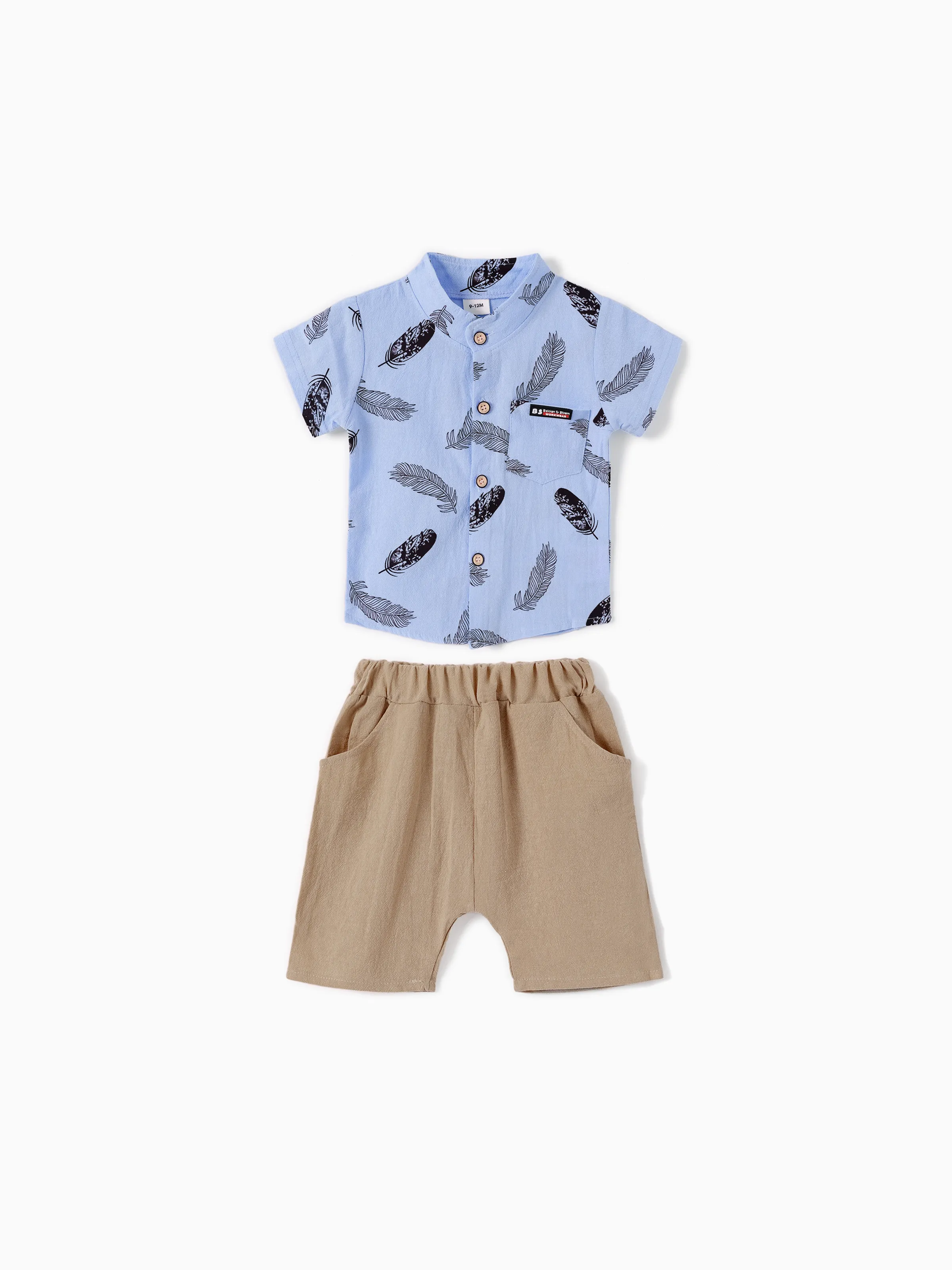 

2pcs Baby Boy 100% Cotton Short-sleeve All Over Feather Print Button Up Shirt and Solid Shorts Set