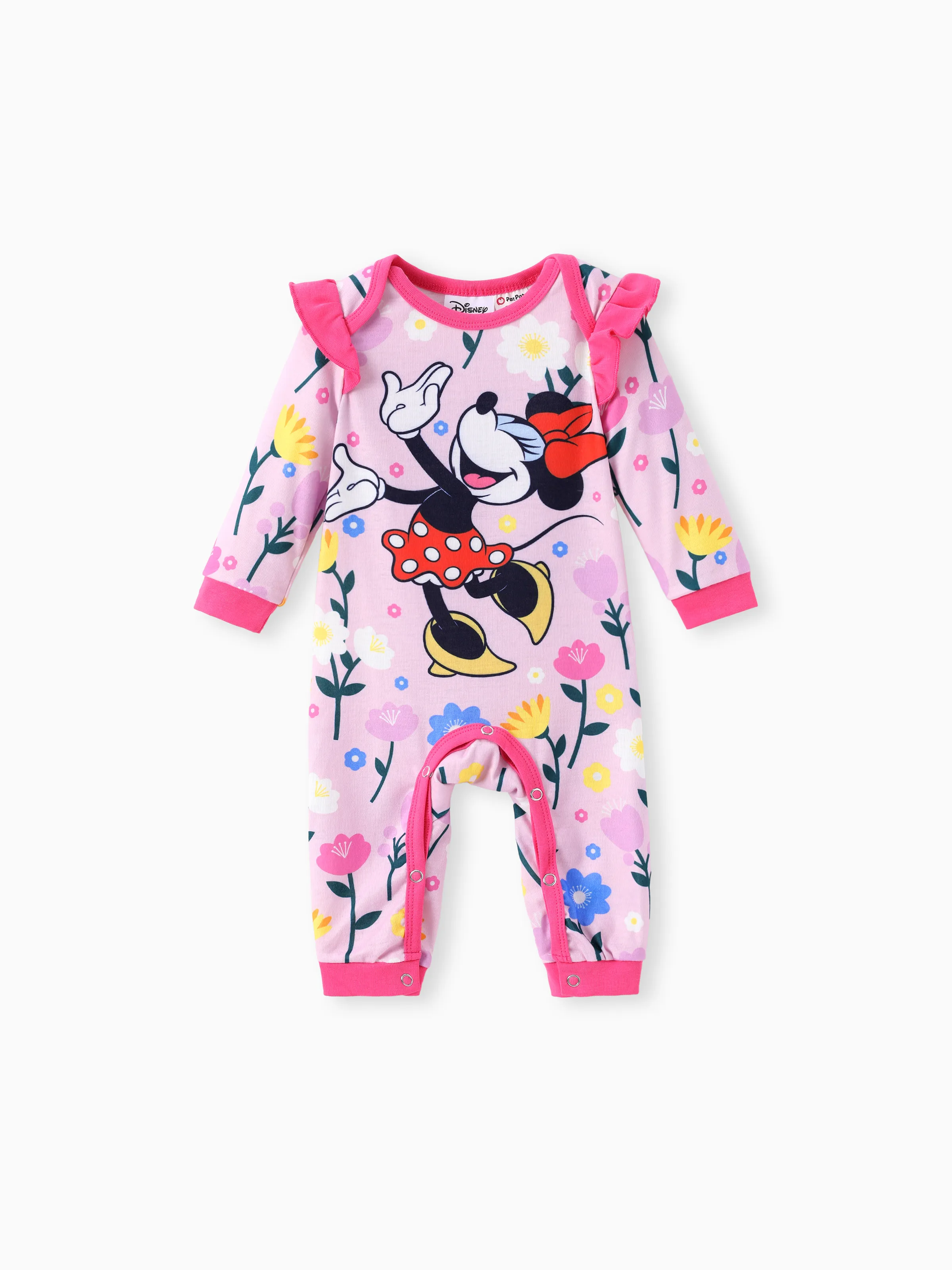 Disney Mickey and Friends Baby Girl 1pc Naia™ Minnie Mouse/Daisy Duck Floral Pattern Ruffled Long-sleeve Jumpsuit 
