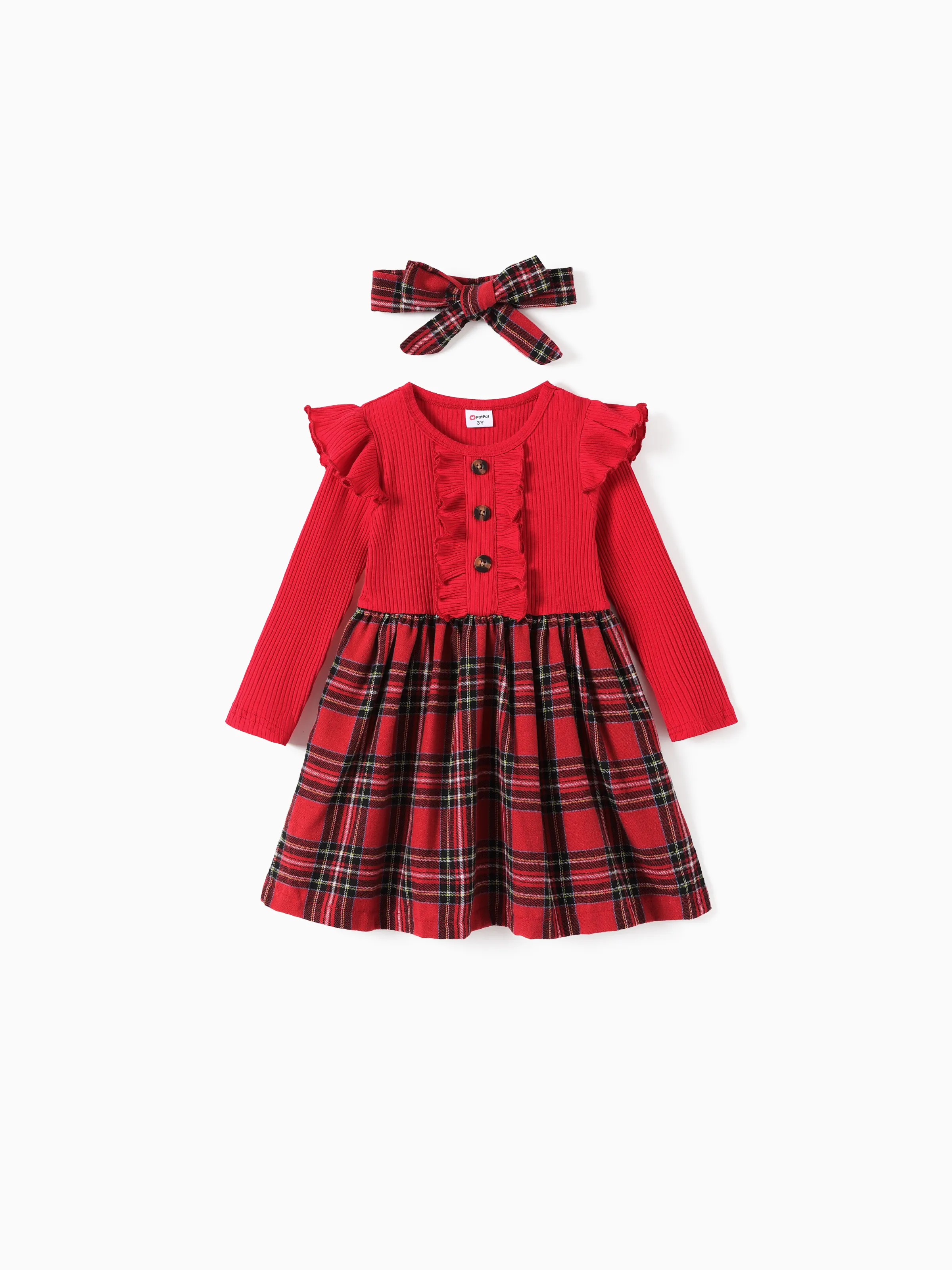 

Christmas Toddler Girl Grid Print Ruffled Dress with Headband