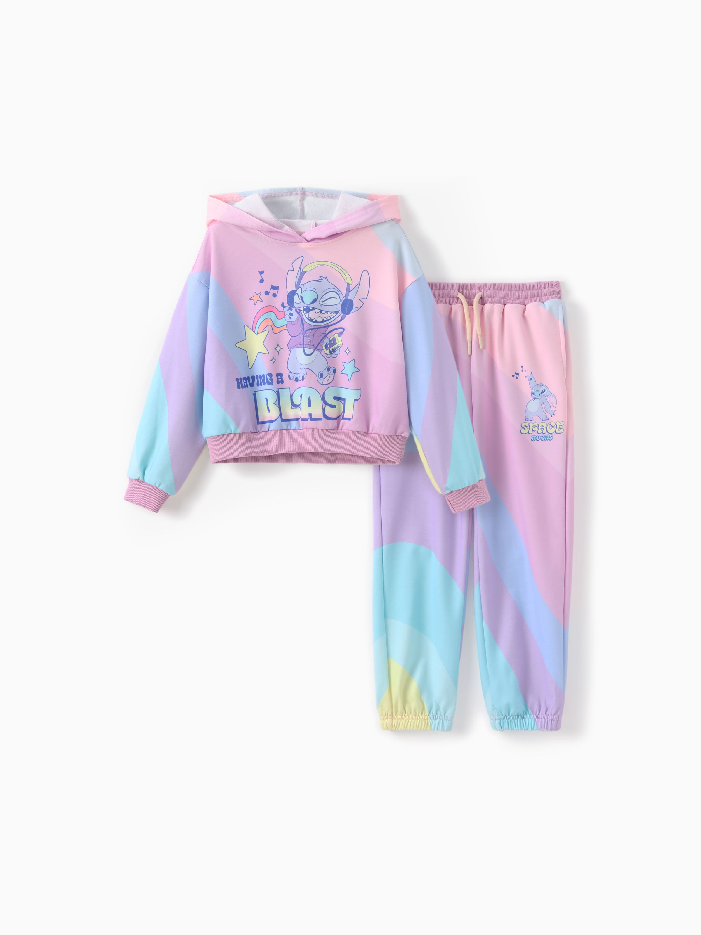 

Disney Stitch Kid Girl 2pcs Character Rainbow Striped Print Long-sleeve Hoodie And Pants Set