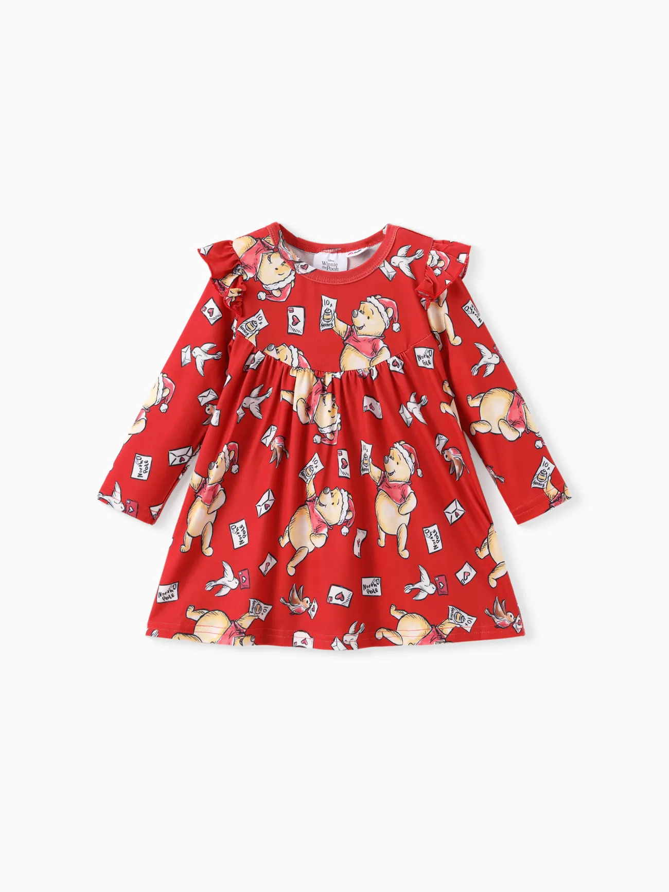 Disney Winnie the Pooh Baby Girl 1pc Naia™ Christmas Pattern Ruffled Long-sleeve Dress 