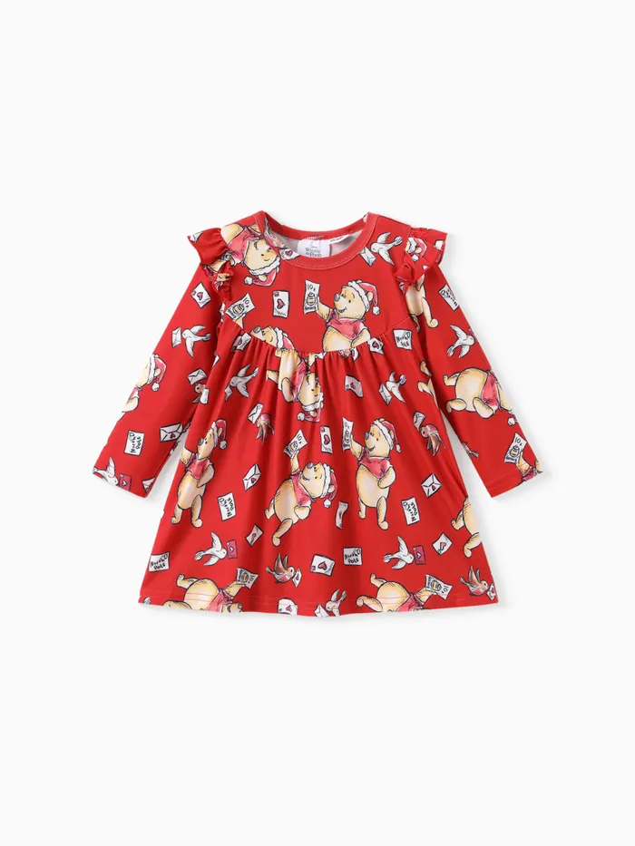 Disney Winnie the Pooh Baby Girl 1pc Naia™ Christmas Pattern Ruffled Long-sleeve Dress 