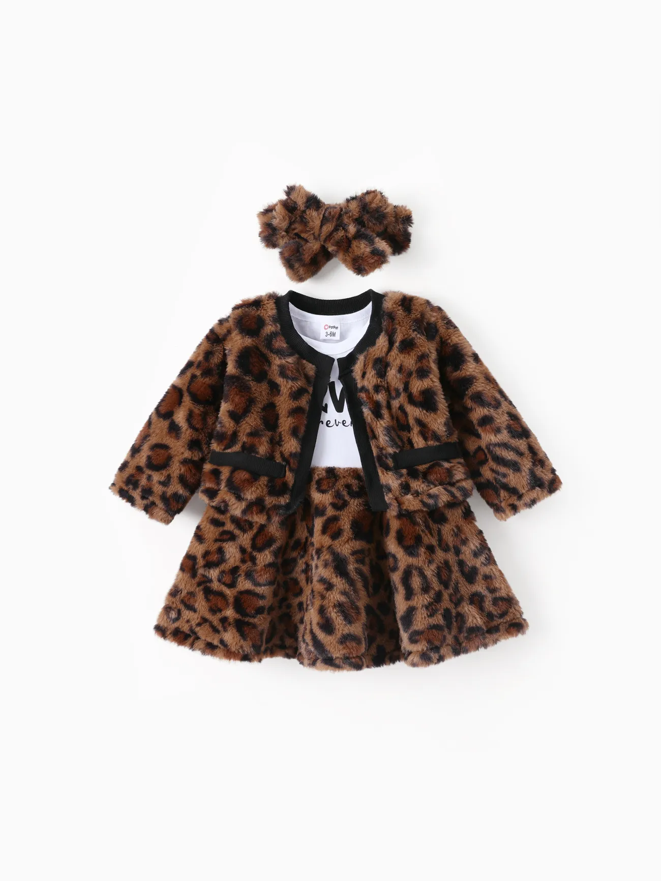 

3pcs Baby Girl 95% Cotton Long-sleeve Letter Print Splice Leopard Fleece Dress and Cardigan with Headband Set