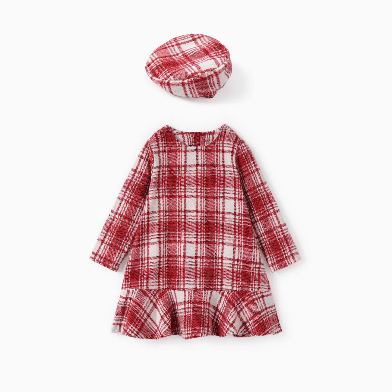 Toddler Girl School Grid Print Ruffled Dress with Hat