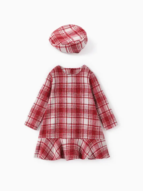 

Toddler Girl School Grid Print Ruffled Dress with Hat