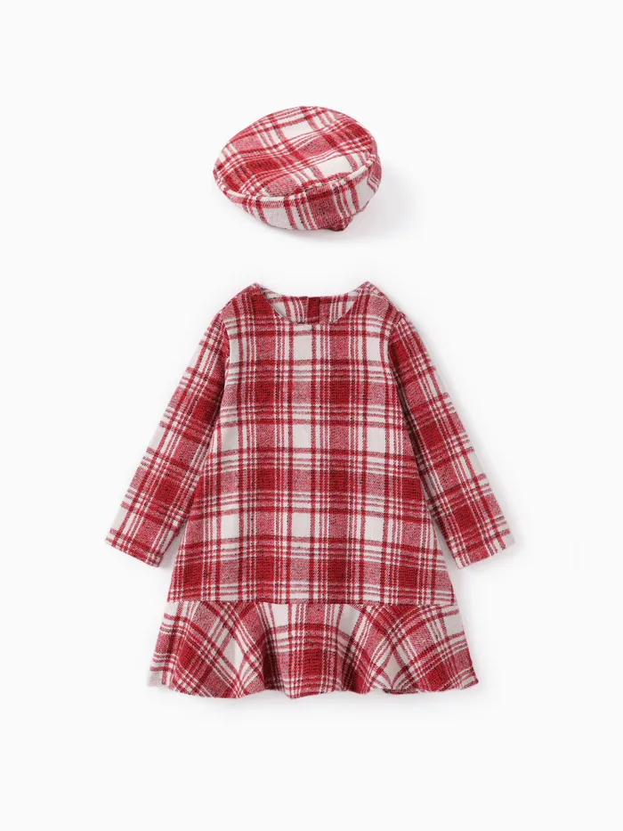 Toddler Girl School Grid Print Ruffled Dress with Hat