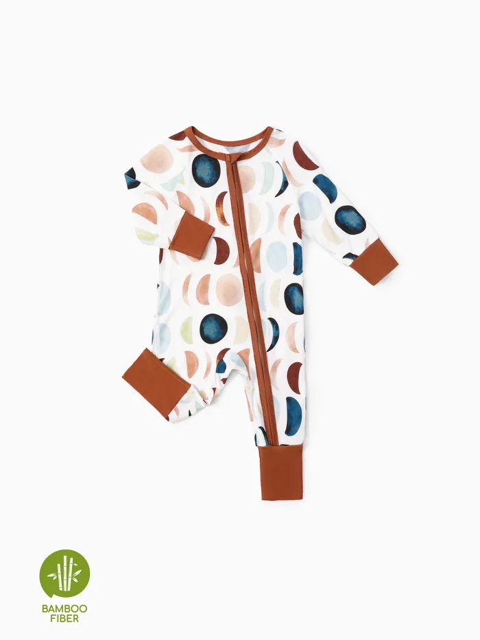 Tela de bambú Conjunto de bebé niño / niña Mono de pijama con estampado de luna con cremallera