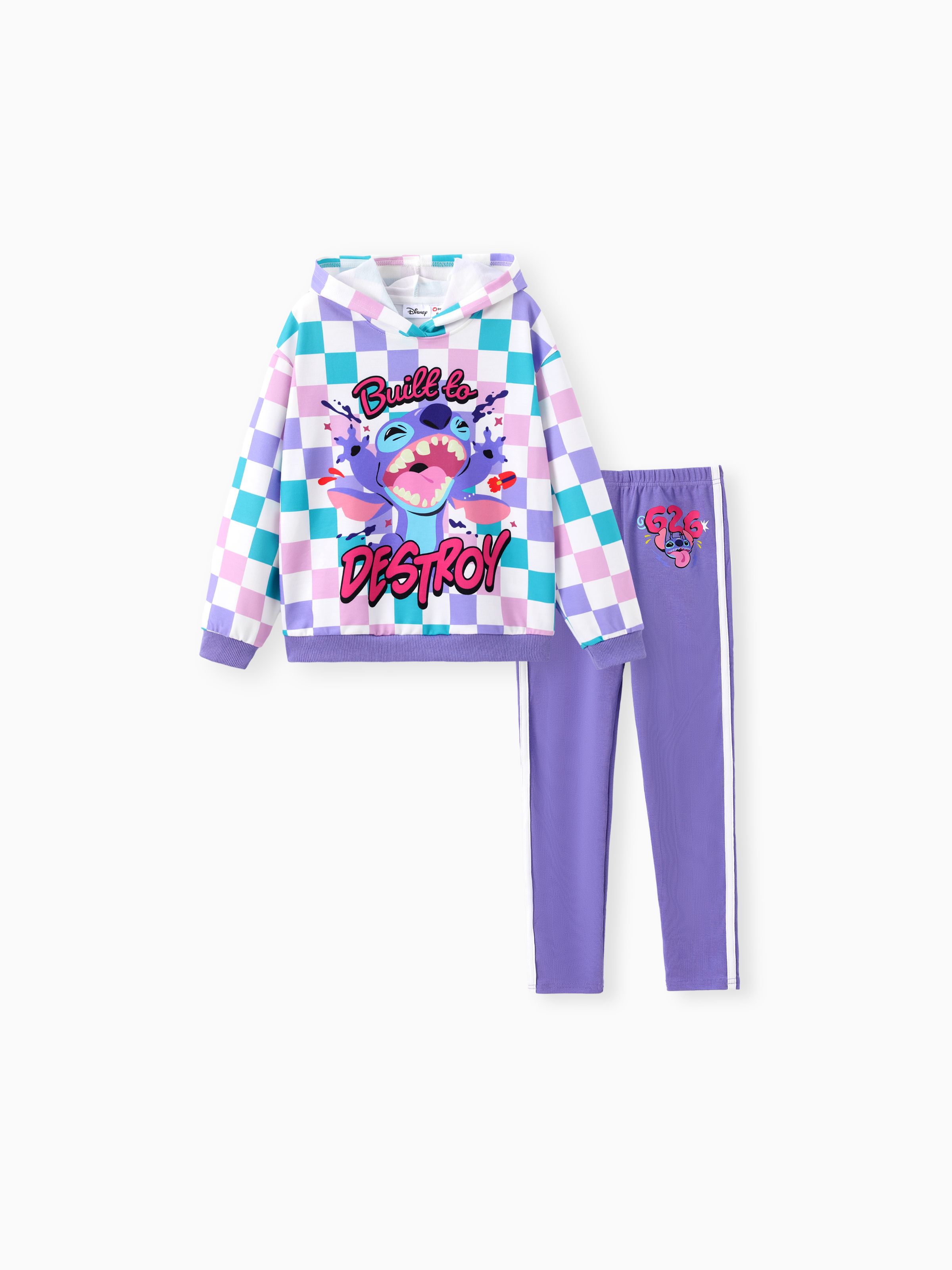 

Disney Stitch Kid Girl 2pcs Character Checkered Pattern Hooded Long-sleeve Sweatshirt And Cotton Pants Set