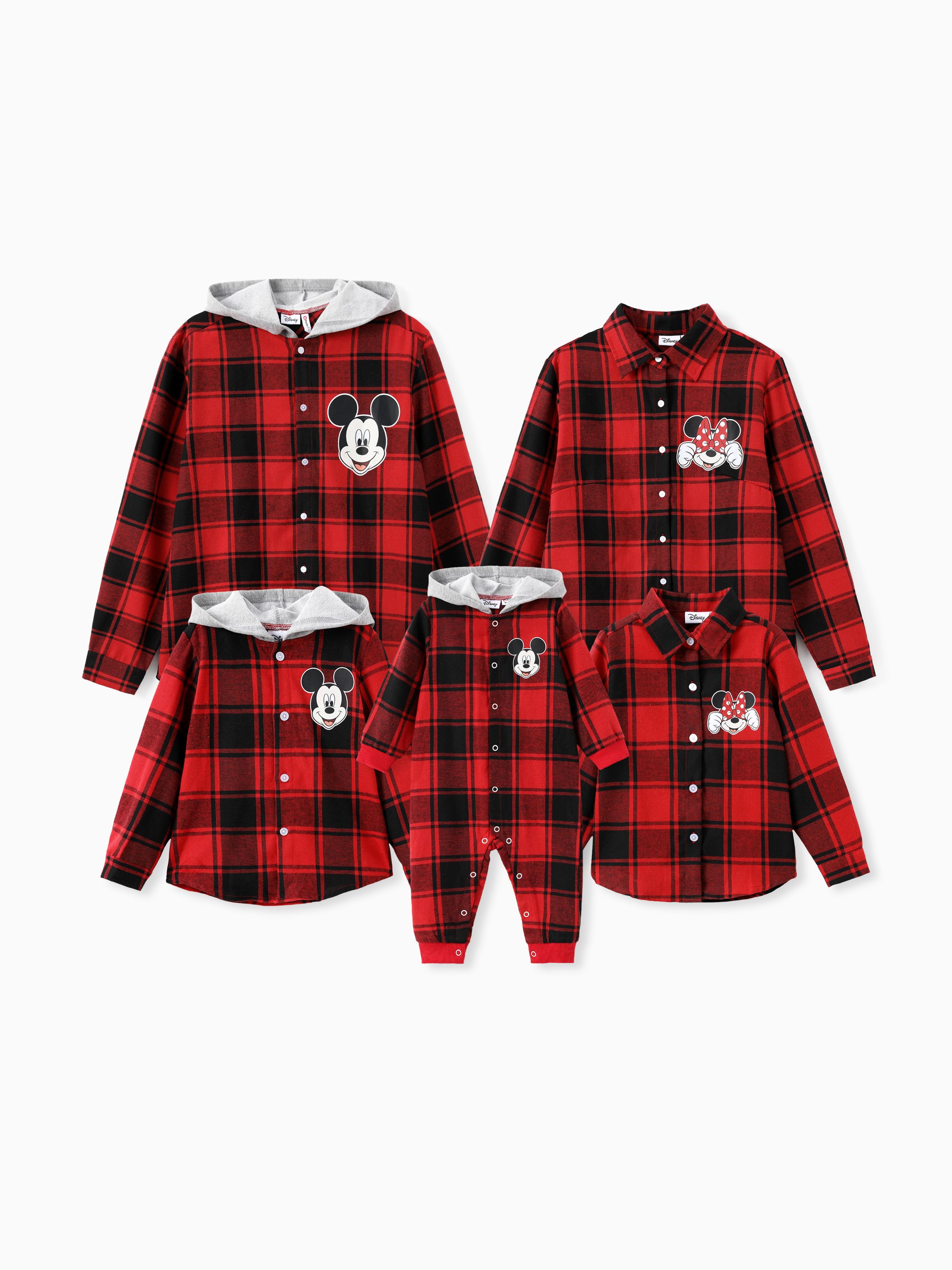 

Disney Mickey and Friends Family matching 1pc Character Pattern Red And Black Plaid Hooded Shirt/Jumpsuit