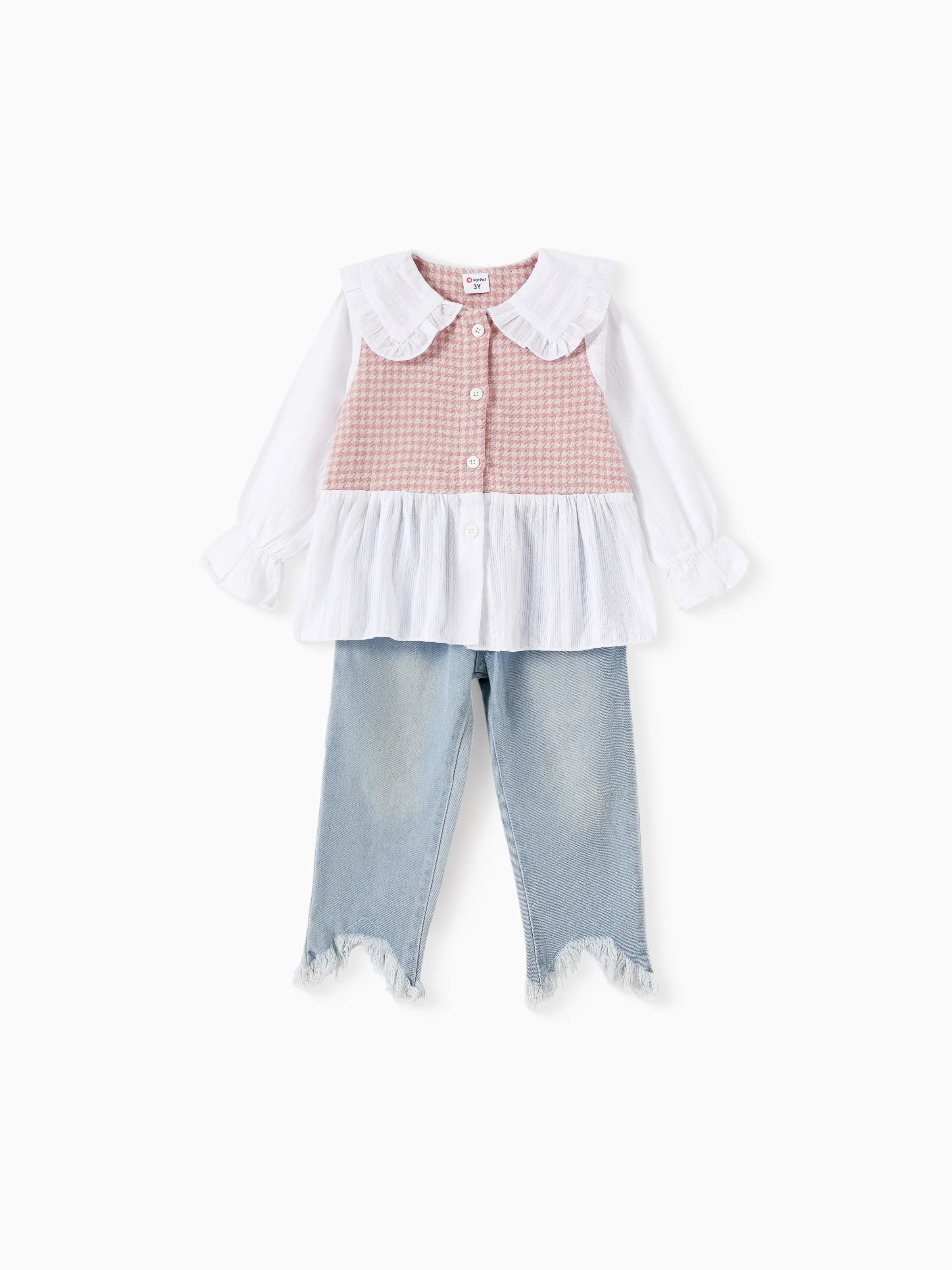 

2-piece Toddler Girl Doll Collar Tweed Splice Long-sleeve Top and Ripped Hem Denim Jeans Set