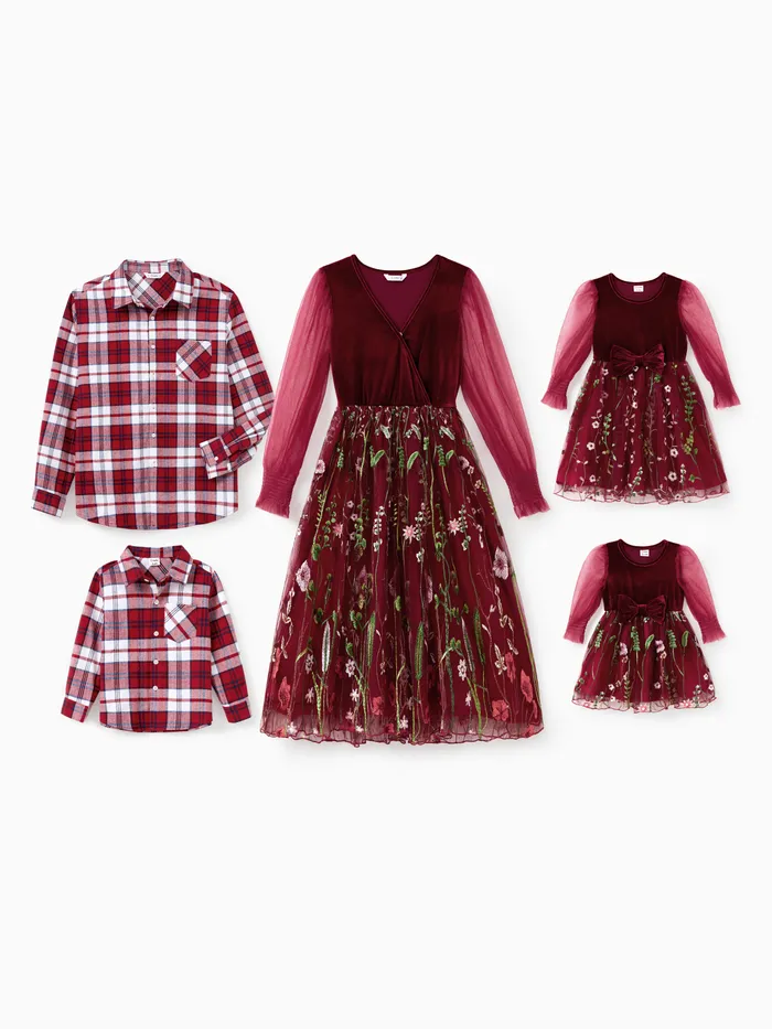 Scarlet Matching Family Outfits Plaid Shirt or Embroidered Tulle Dress