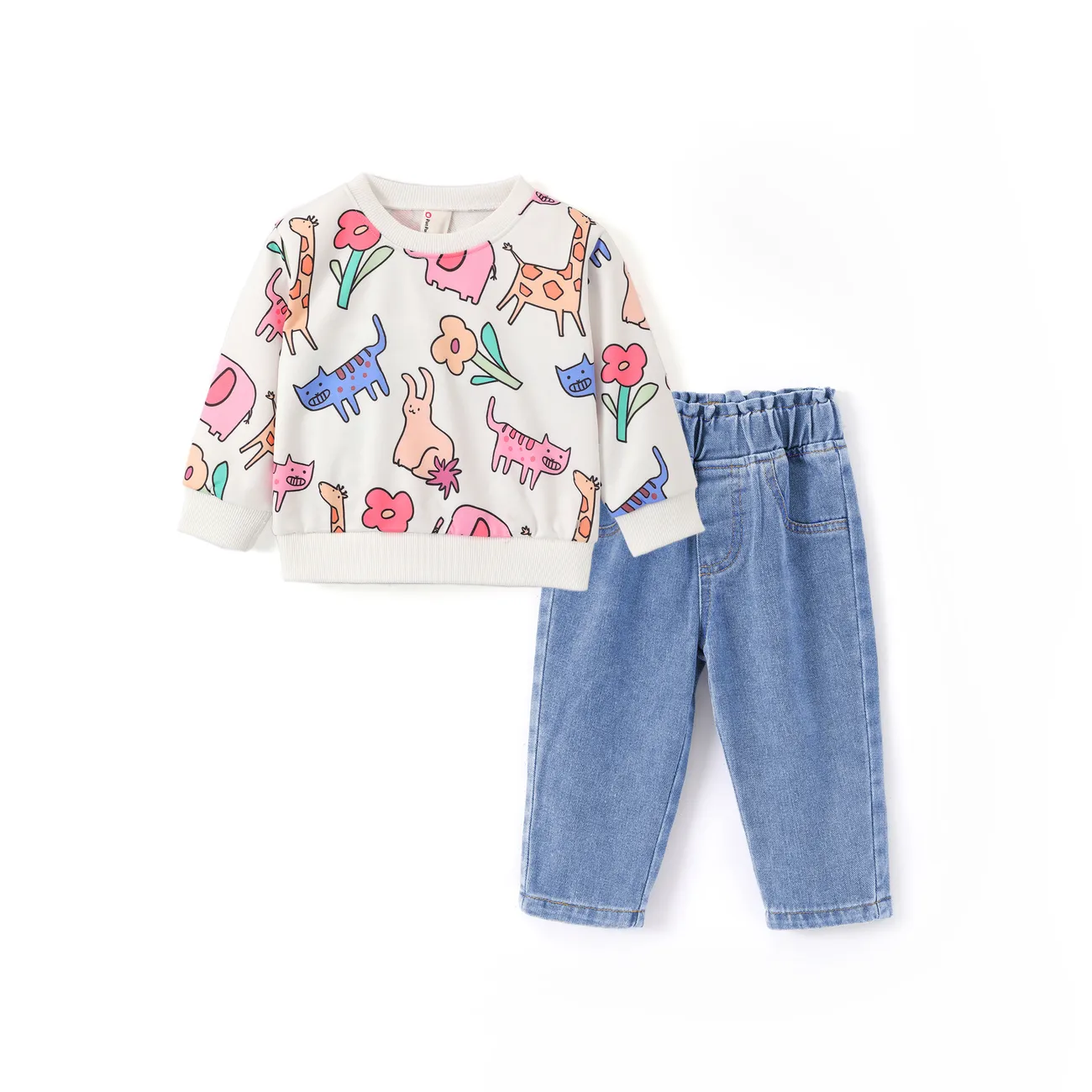 Baby Girl 2pcs Animal Pattern Sweatshirt and Denim Pants Set