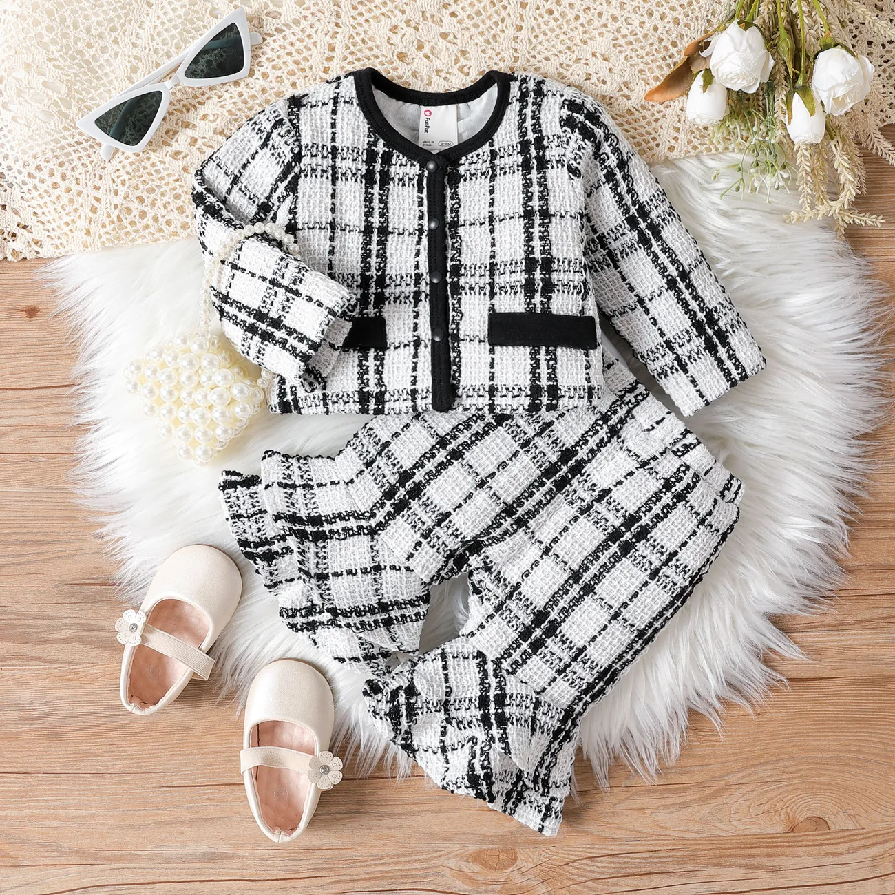 Baby Girl Clothes 2pcs Elegant Grid Print Jacket and Flared Pants Set