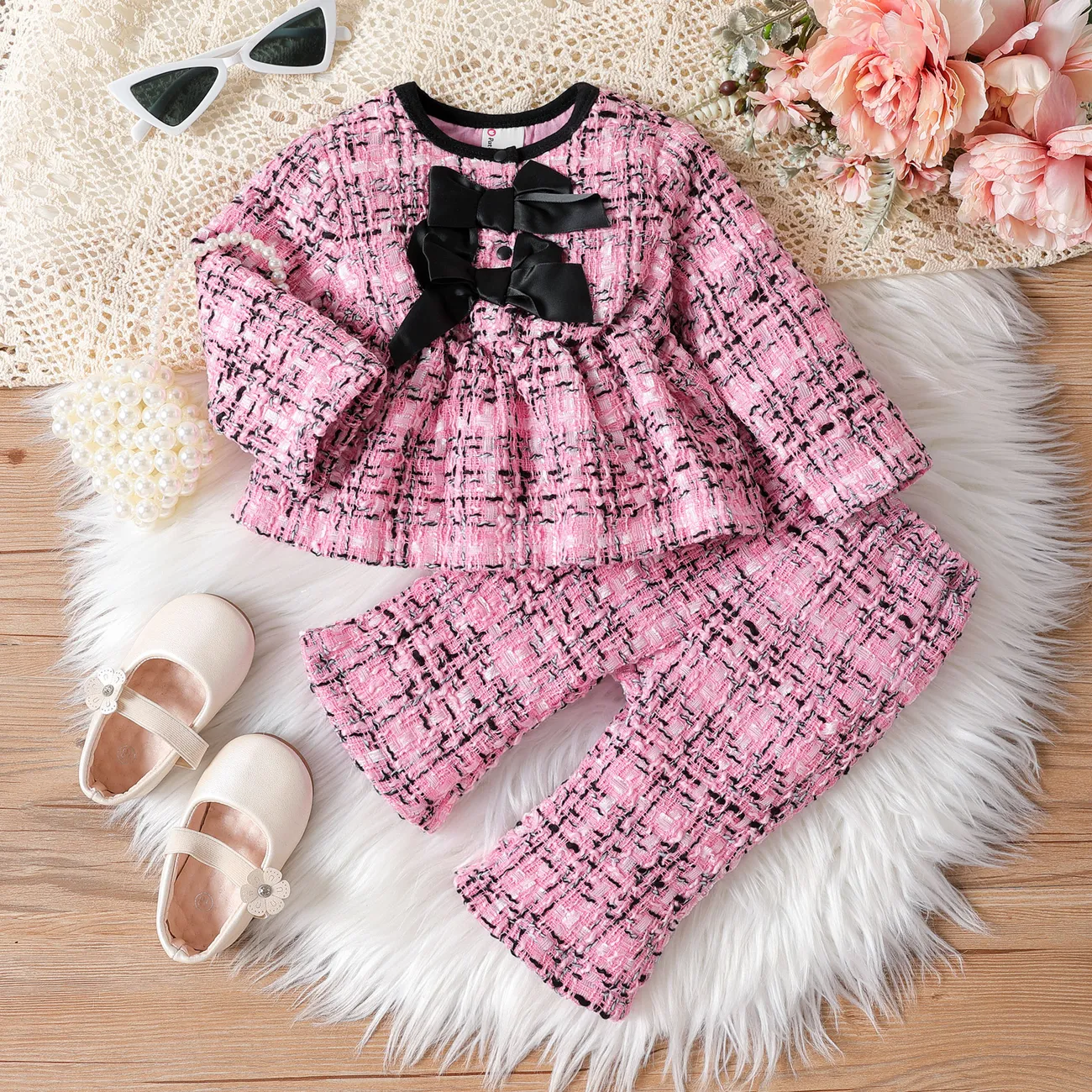 Baby Girl Clothes 2pcs Elegant Grid Bowknot Top and Flared Pants Set