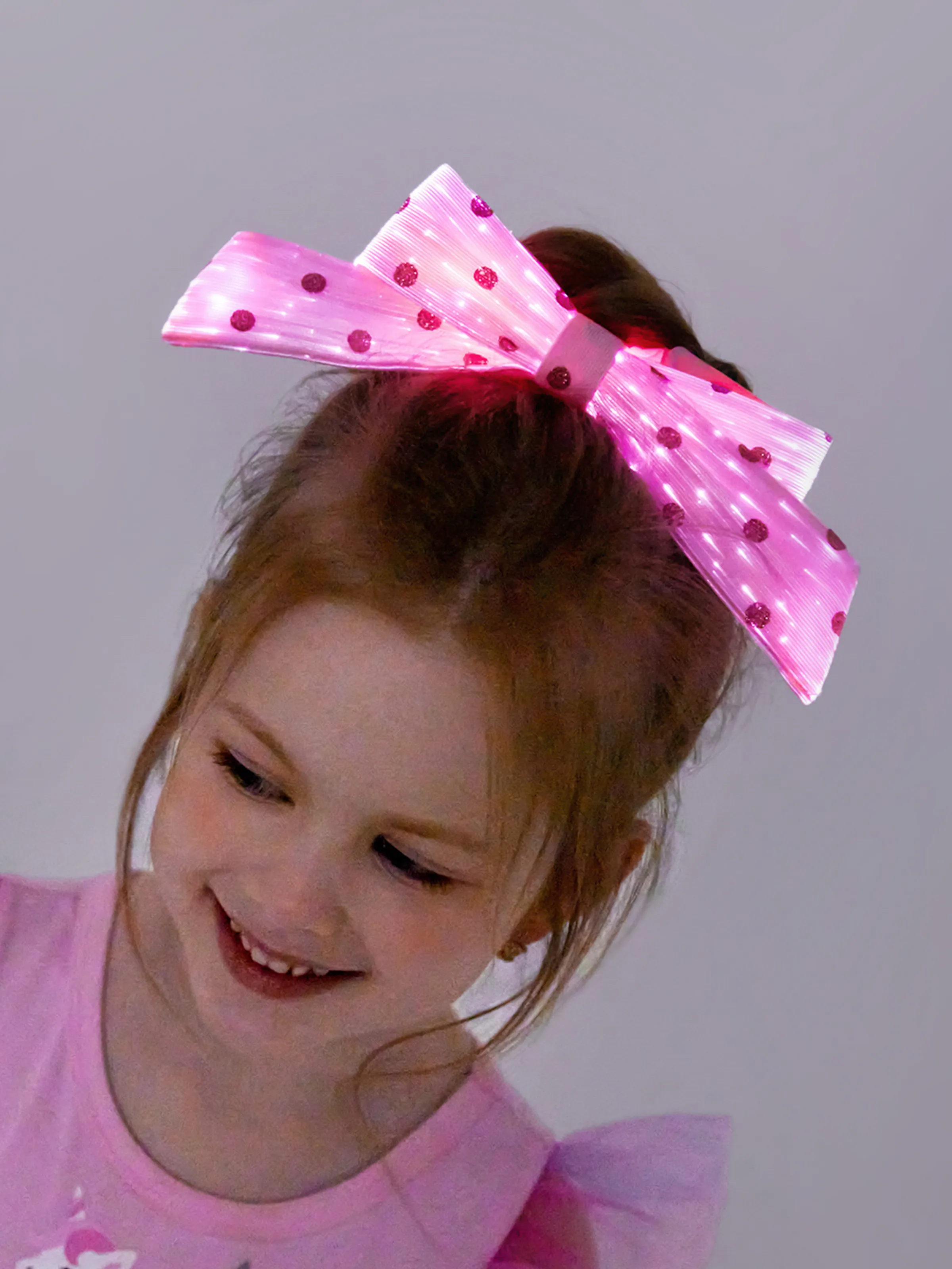 

Go-Glow Light Up Bowknot Hair Tie Glitter Polka Dots Mesh Pink Including Controller (Battery Inside)