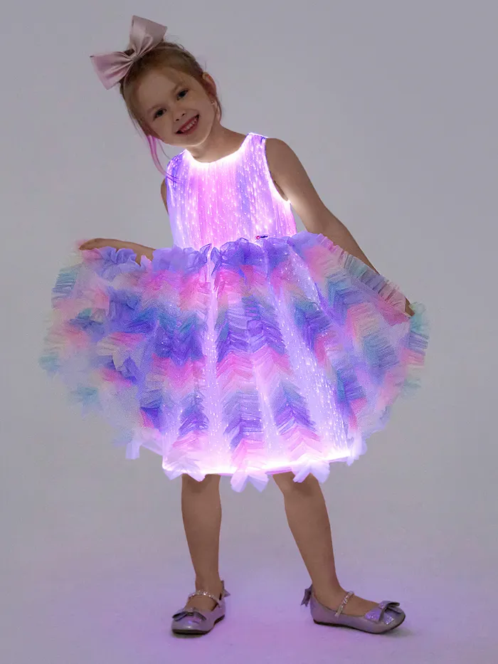 Go-Glow Light Up Colorful Princess Party Dress with Ruffled Skirt Including Controller (Built-In Battery)