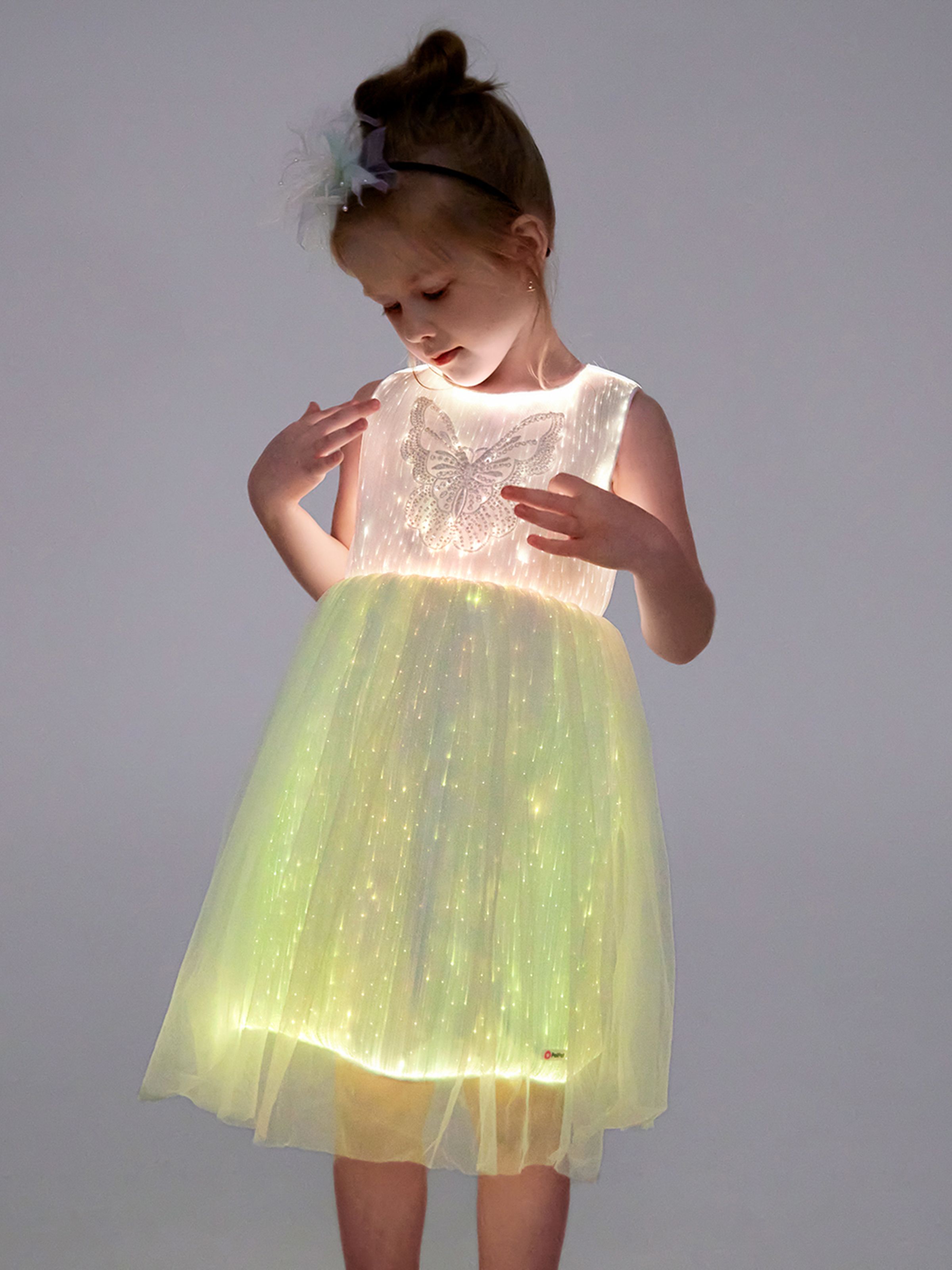 

Go-Glow Light Up White Party Dress With Sequined Butterfly Including Controller (Built-In Battery)