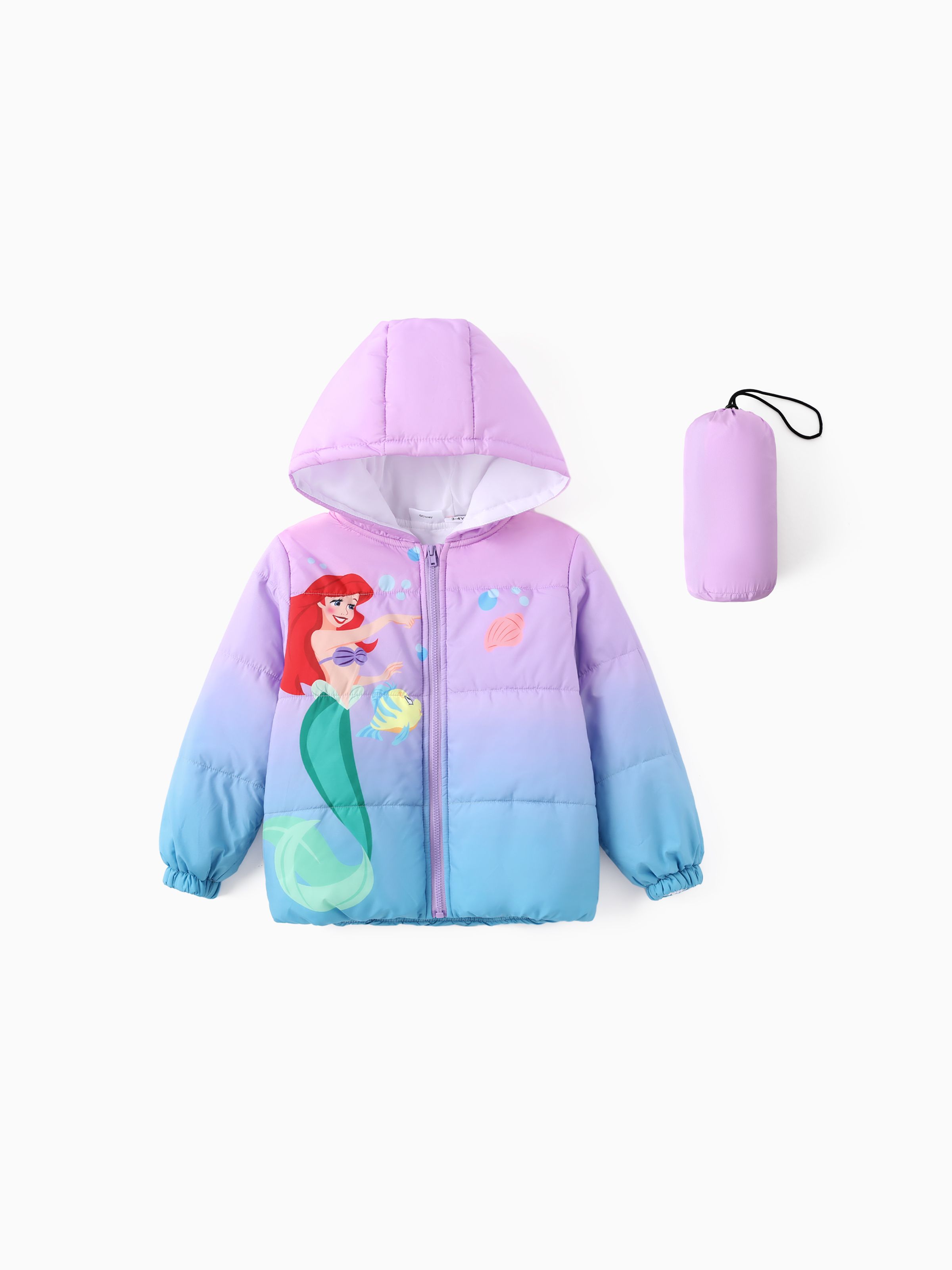 

Disney Princess Toddler Girl 2pcs Cindere/Belle/Ariel Heart/Dots/Gradient Print Hooded Jacket Coat With Storage Bag