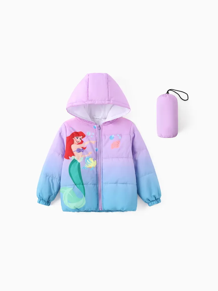 Disney Princess Toddler Girl 2pcs Cindere/Belle/Ariel Heart/Dots/Gradient Print Hooded Jacket Coat With Storage Bag