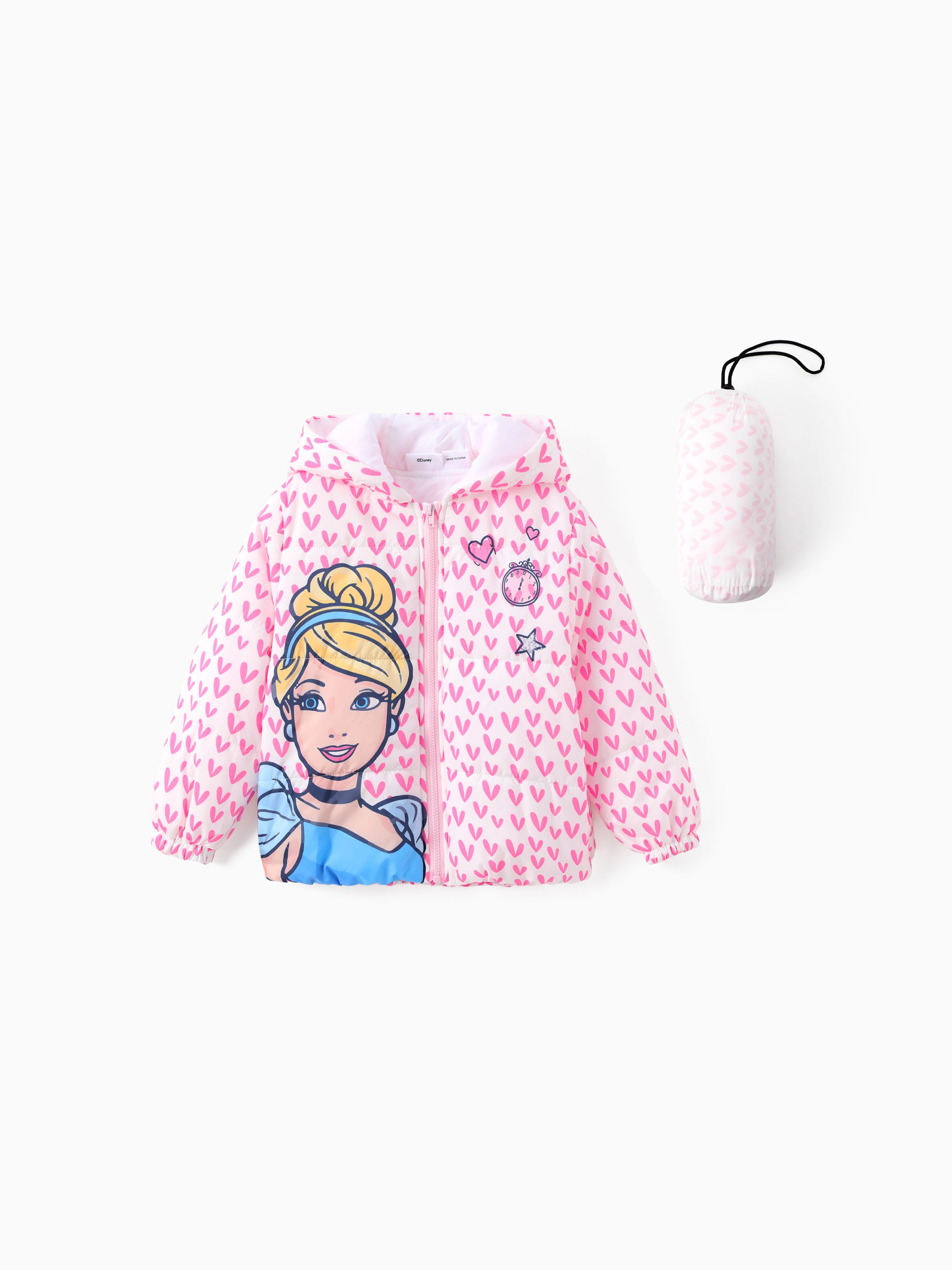 

Disney Princess Toddler Girl 2pcs Cindere/Belle/Ariel Heart/Dots/Gradient Print Hooded Jacket Coat With Storage Bag