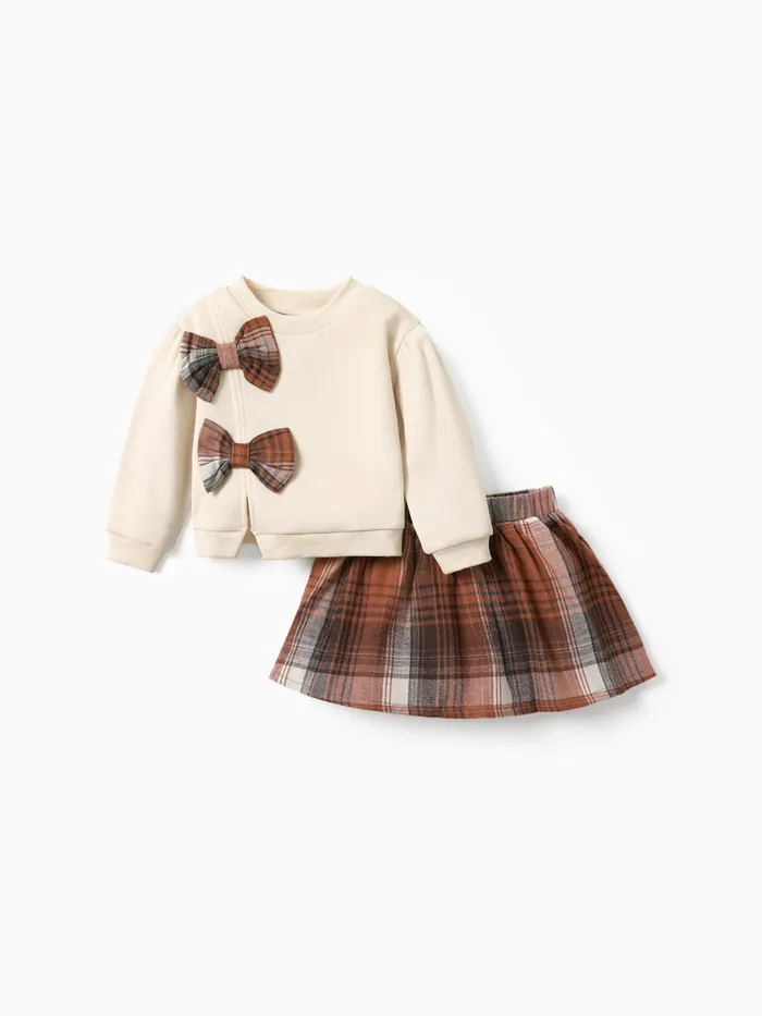 2-piece Toddler Girl Bowknot Design Sweatshirt and Plaid Skirt Set