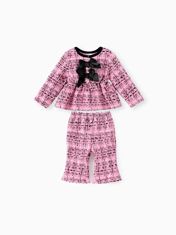 Baby Girl Clothes 2pcs Elegant Grid Bowknot Top and Flared Pants Set