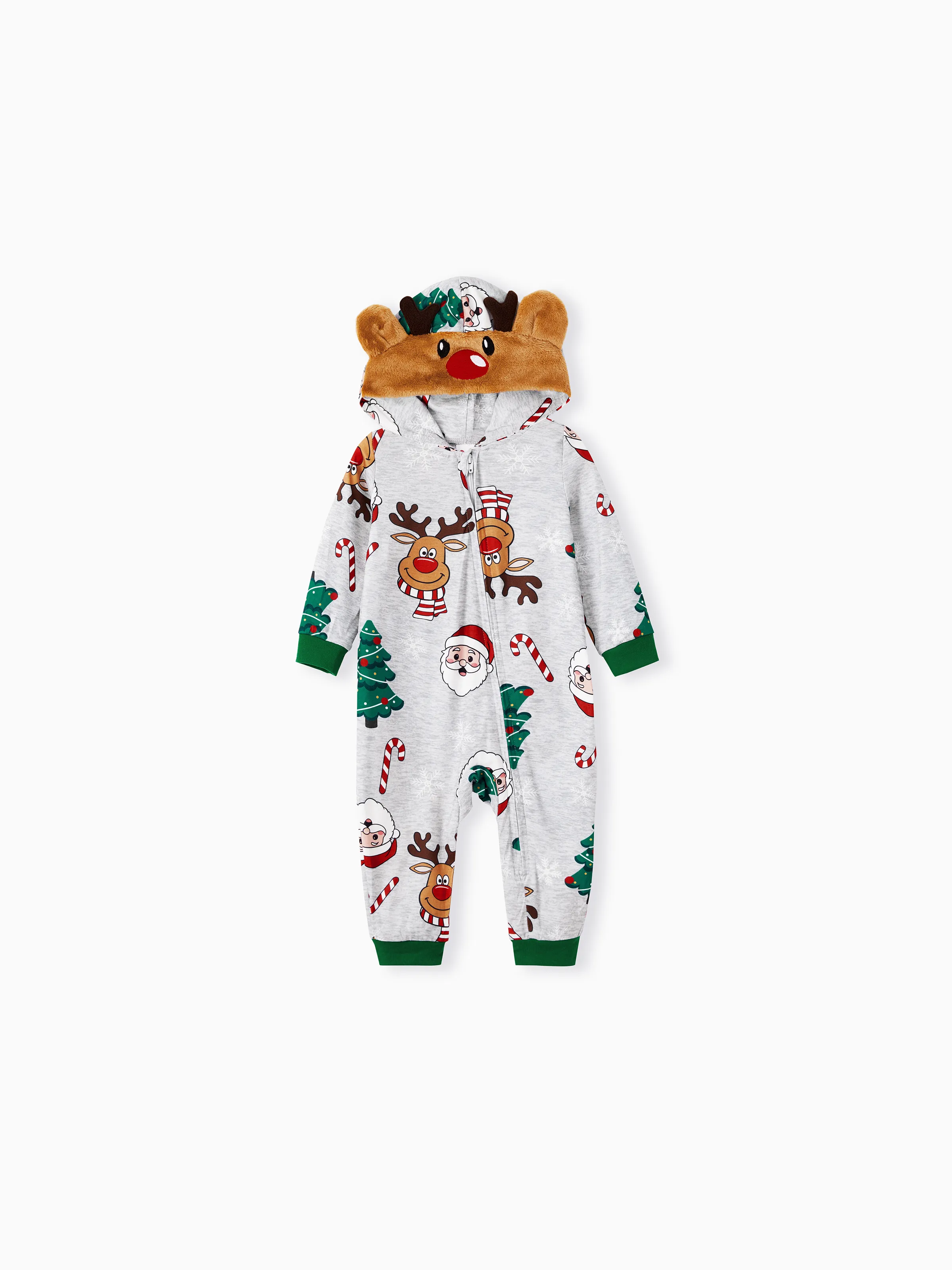 

Grey Christmas Pajamas 3D Reindeer Pattern Zipper Onesies Matching Family Outfits